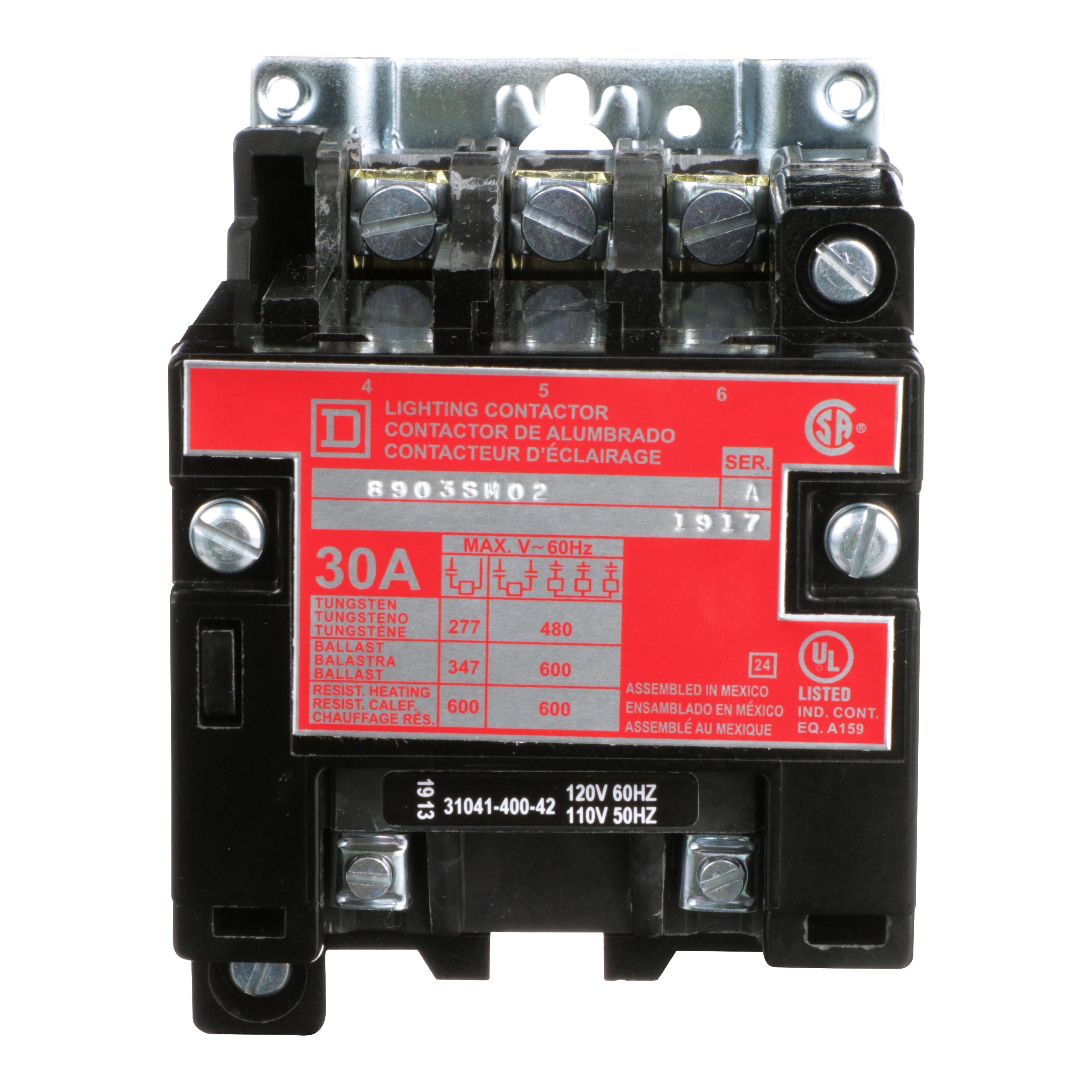Picture of 8903SMO2V02 - Contactor, Type S, multipole lighting, electrically held, 30A, 3 pole, 110/120VAC 50/60Hz coil, open style [TAA]