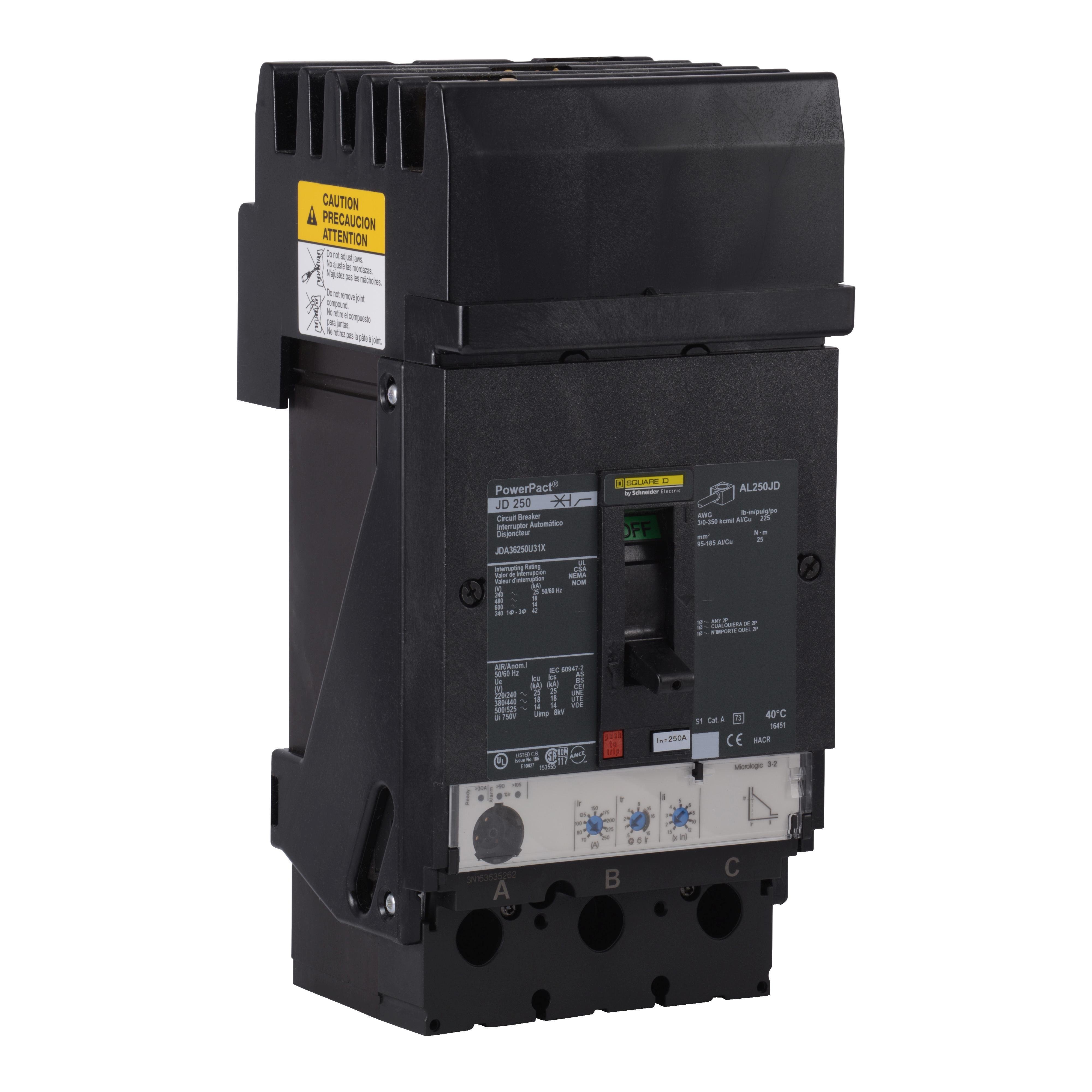 JDA36250U31X - Circuit breaker, PowerPacT J, 250A, 3 pole, 600VAC, 14kA, I-Line, Micrologic 3.2, 80%, ABC