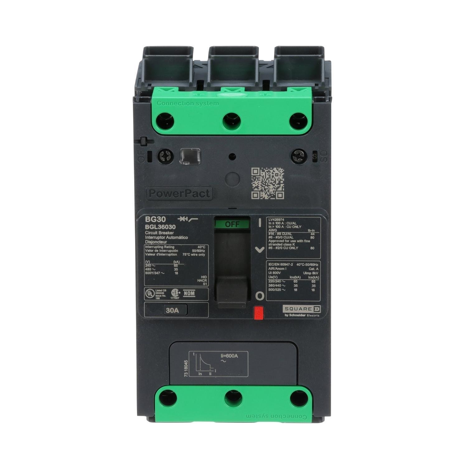 BGL36030 - Circuit breaker, PowerPacT B, 30A, 3 pole, 600Y/347VAC, 18kA, lugs, thermal magnetic, 80%