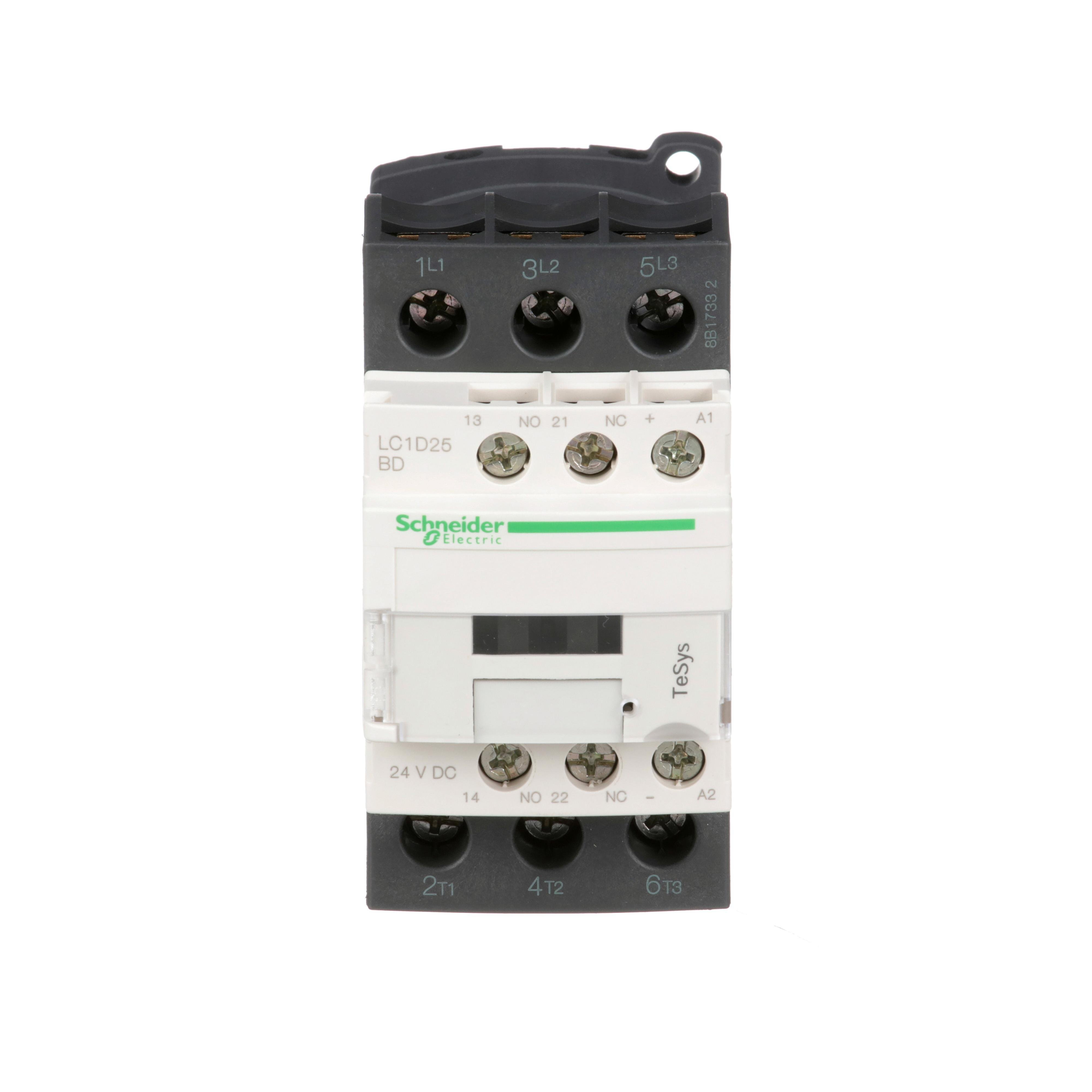 LC1D25BD - IEC contactor, TeSys Deca, nonreversing, 25A, 15HP at 480VAC, up to 100kA SCCR, 3 phase, 3 NO, 24VDC coil, open style
