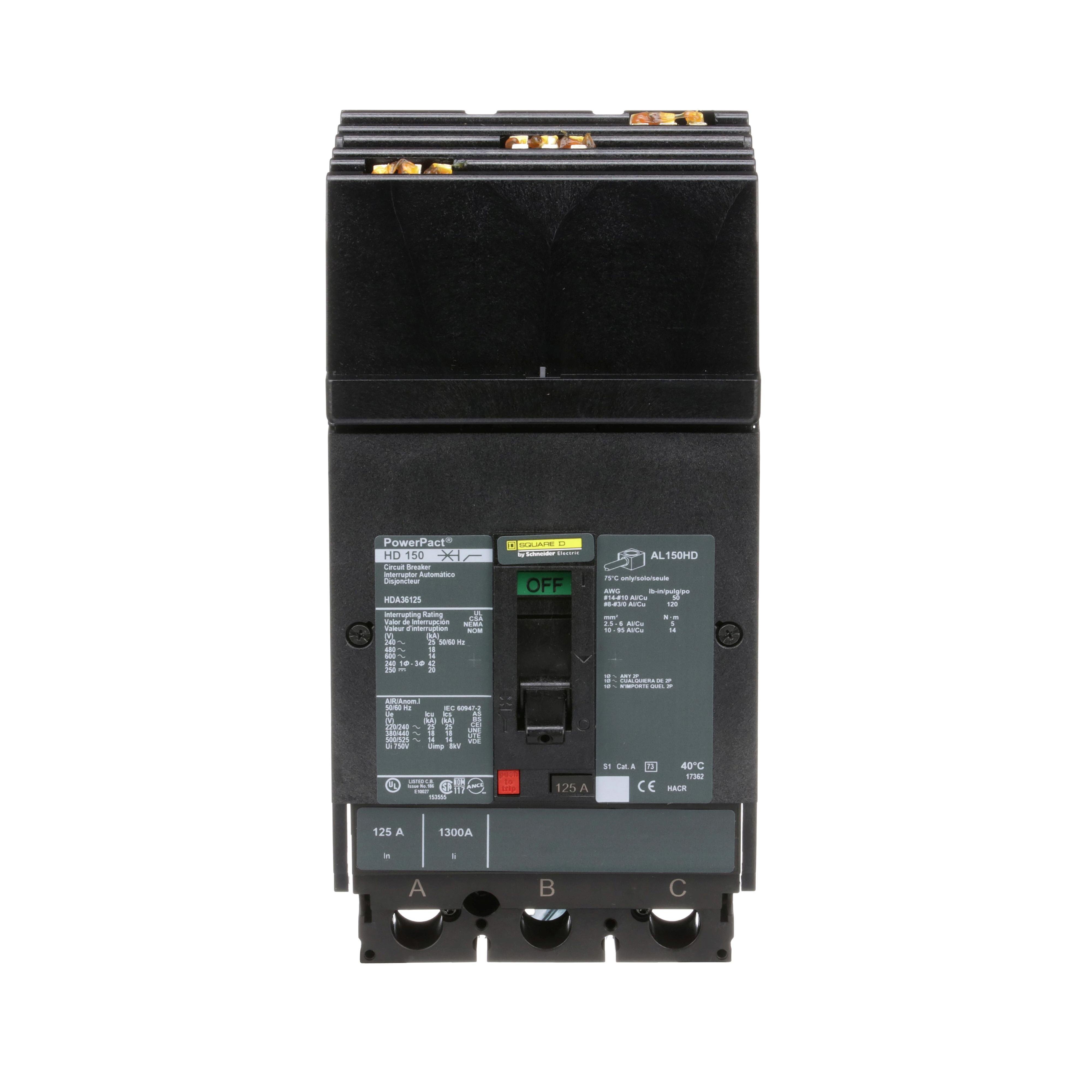 Picture of HDA36125 - Circuit breaker, PowerPacT H, 125A, 3 pole, 600VAC, 14kA, I-Line, thermal magnetic, 80%, ABC