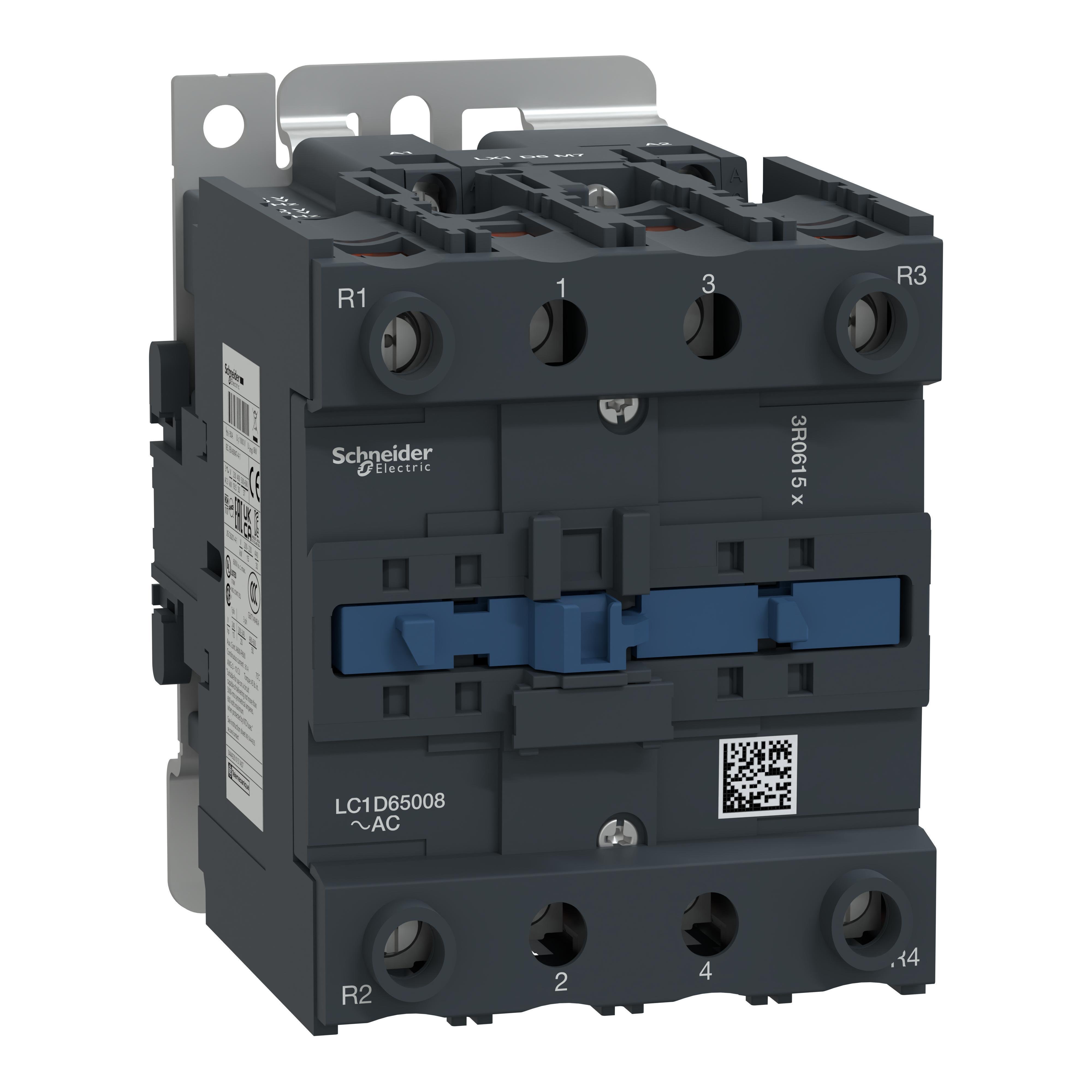 Picture of LC1D65008G7 - IEC contactor, TeSys Deca, nonreversing, 80A resistive, 4 pole, 2 NO and 2 NC, 120VAC 50/60Hz coil, open style