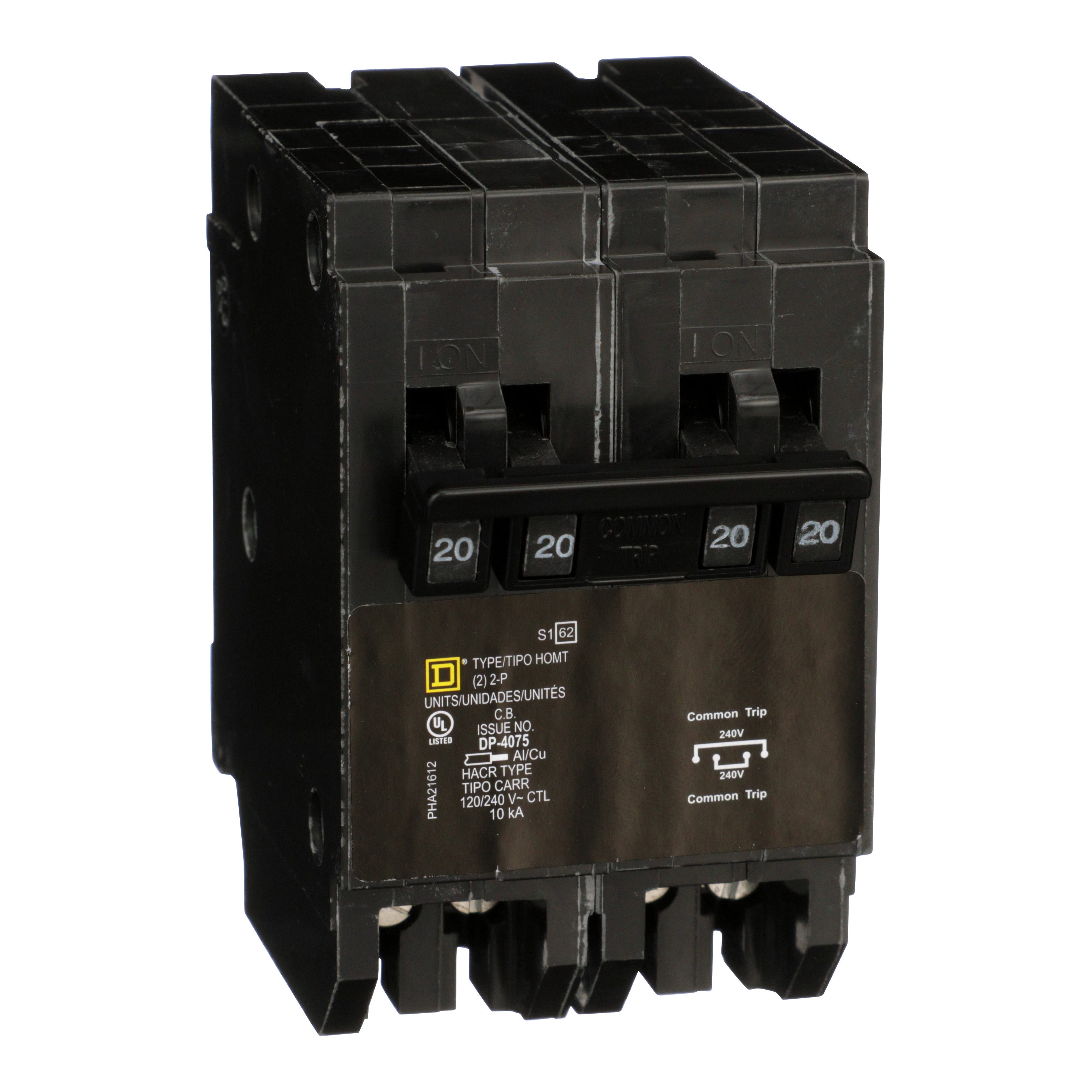 HOMT220220 - Quad tandem circuit breaker, Homeline, 2 x 2 pole at 20A, 120/240VAC, 10kA AIR, plug in, UL