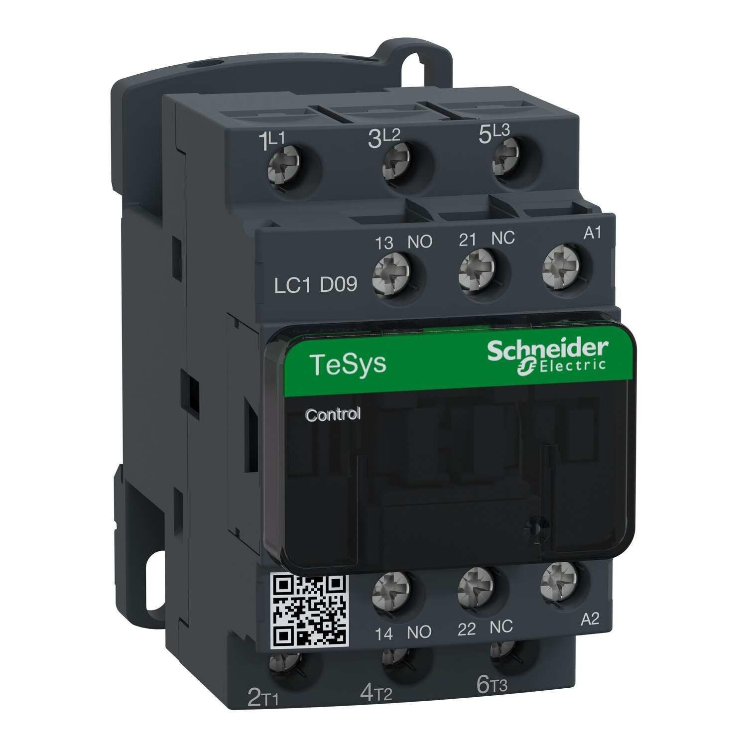 Picture of LC1D09M7 - IEC contactor, TeSys Deca, nonreversing, 9A, 5HP at 480VAC, up to 100kA SCCR, 3 phase, 3 NO, 220VAC 50/60Hz coil, open style
