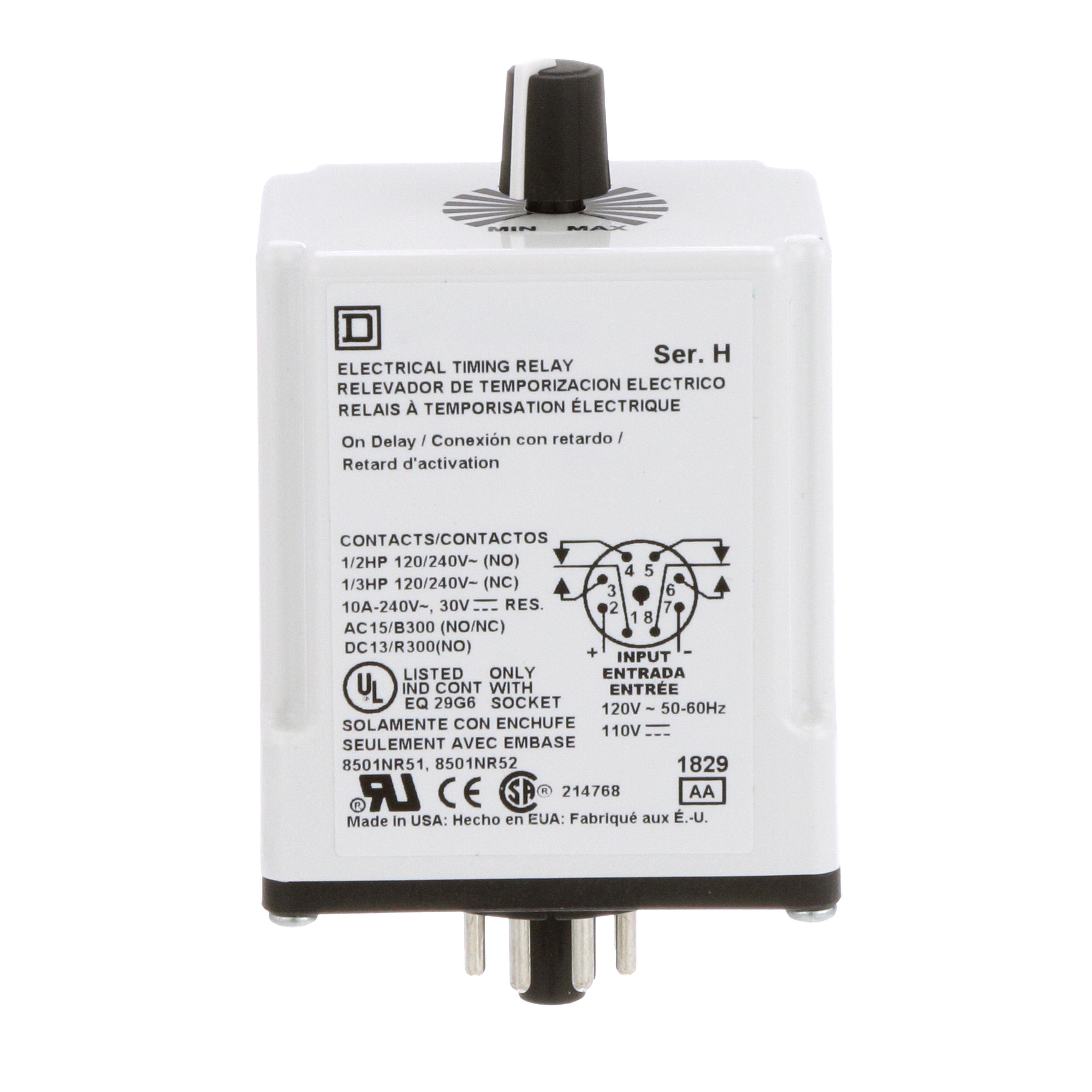 9050JCK18V20 - Timing Relay, Type JCK, plug In, on delay, adjustable time, 0.6 to 60 minutes, 10A, 240 VAC, 120 VAC/110 VDC