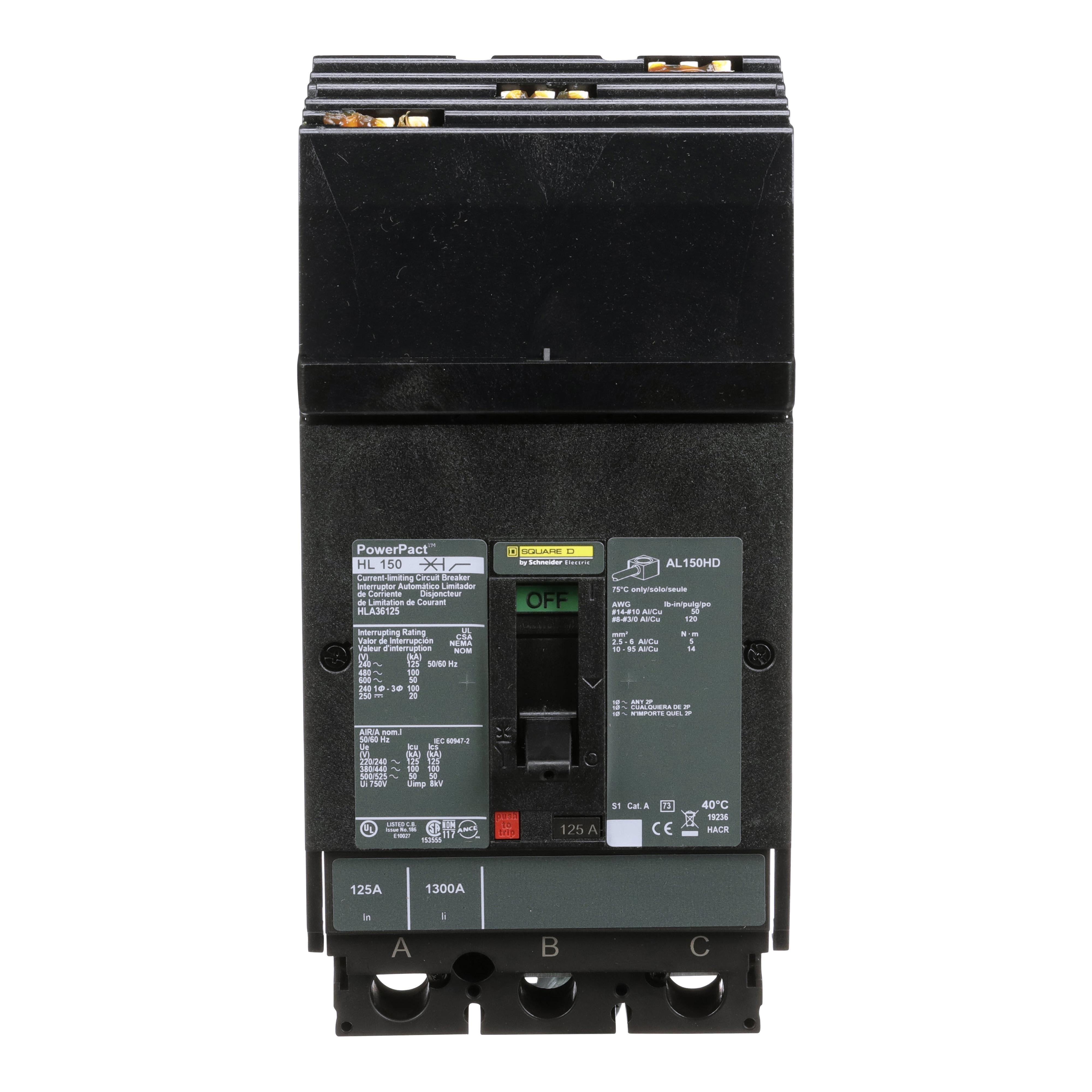 Picture of HLA36125 - Circuit breaker, PowerPacT H, 125A, 3 pole, 600VAC, 50kA, I-Line, thermal magnetic, 80%, ABC