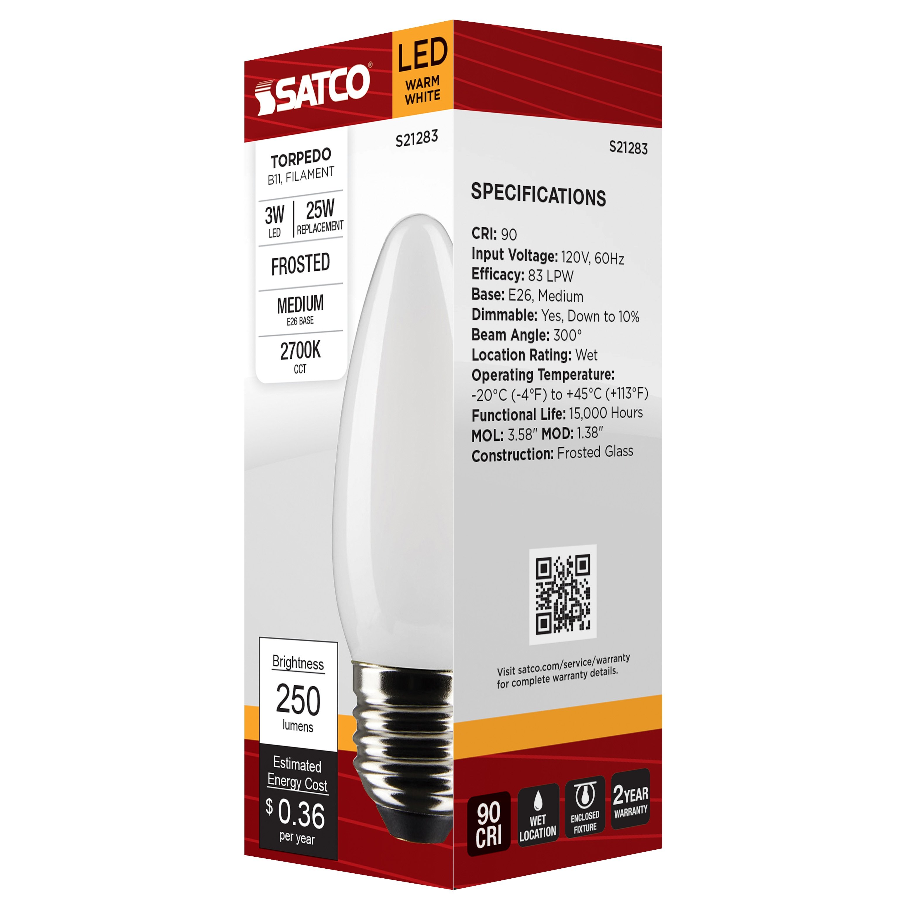 Picture of S21283 - 3 Watt B11 LED - Frost - Medium base - 90 CRI - 2700K - 120 Volt