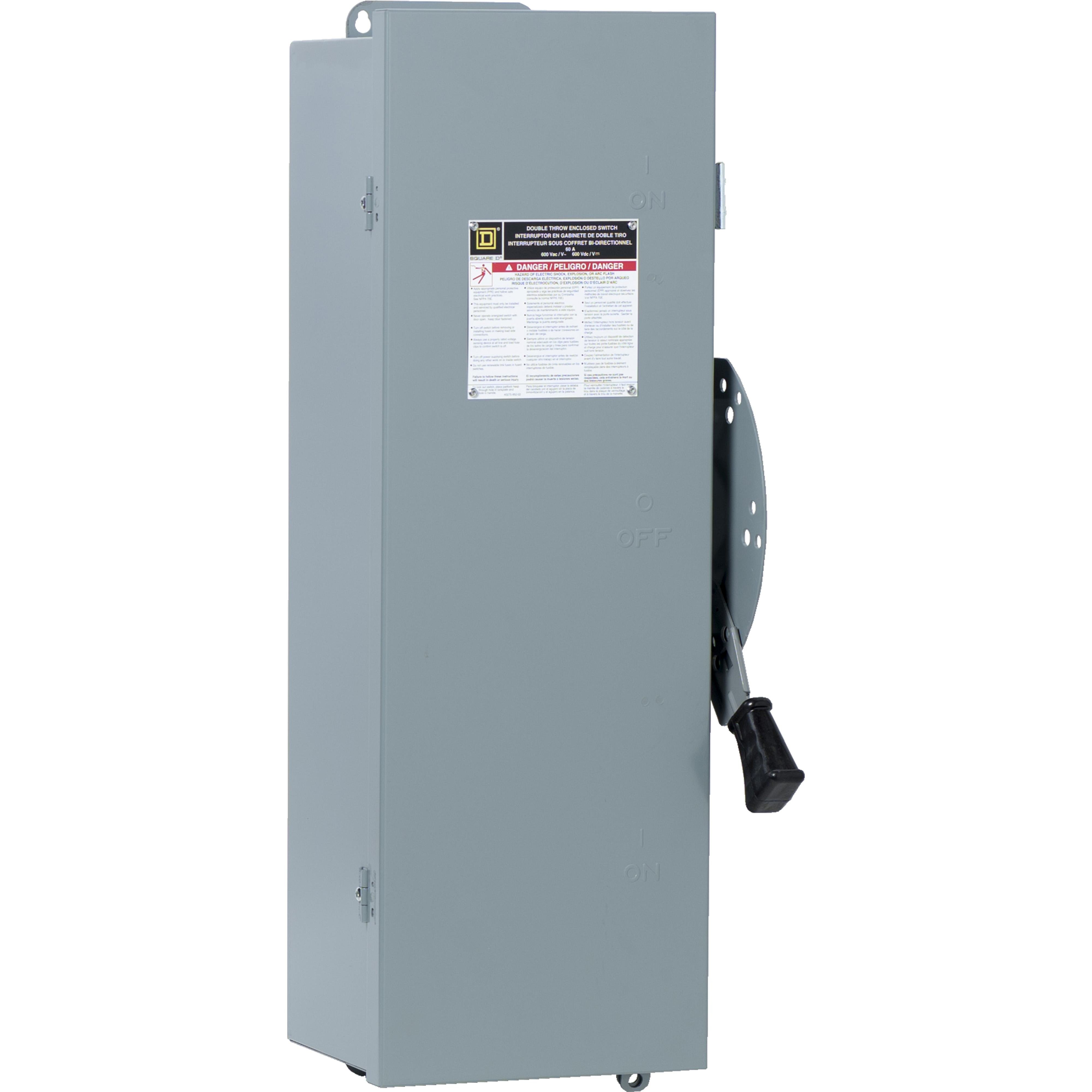DTU363AWK - Safety switch, double throw, non fusible, 3 pole, 3 wire, 600VAC, 600VDC, 100A, Type 12 without knock outs