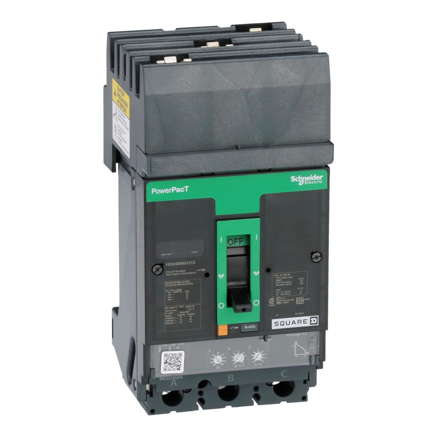 Picture of HDA36060U31X - Circuit breaker, PowerPacT H, 60A, 3 pole, 600VAC, 14kA, I-Line, Micrologic 3.2, 80%, ABC