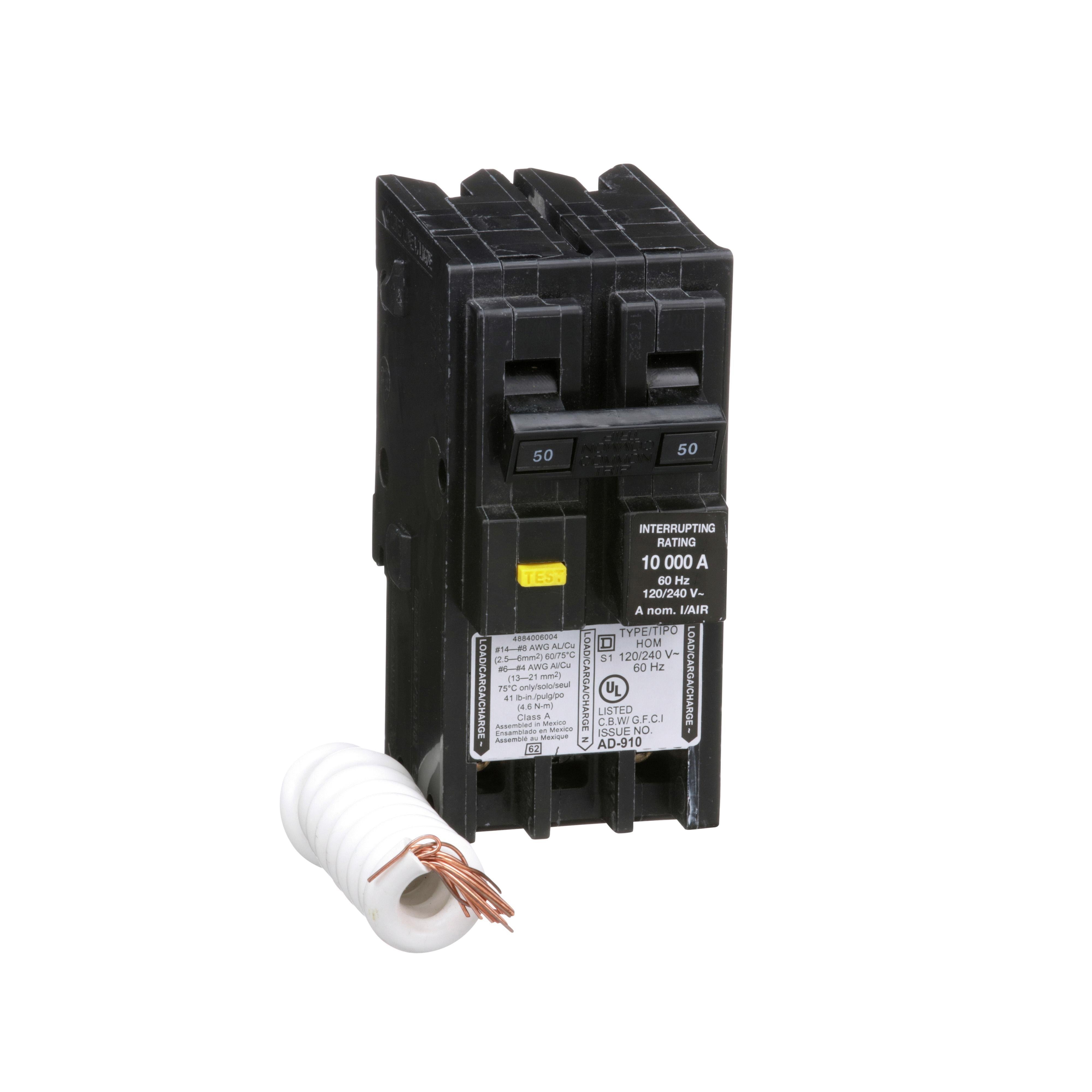 Picture of HOM250GFI - [TAA] Mini circuit breaker, Homeline, 50A, 2 pole, 120/240VAC, 10kA AIR, ground fault class A, plug in, UL