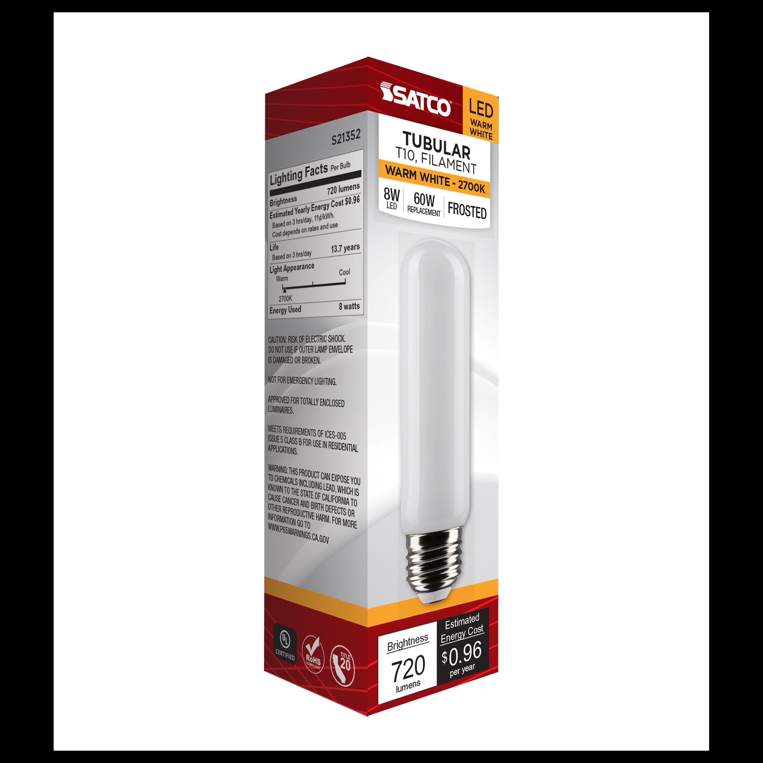 Picture of S21352 - 8 Watt T10 LED - Frost - Medium base - 90 CRI - 2700K - 120 Volt