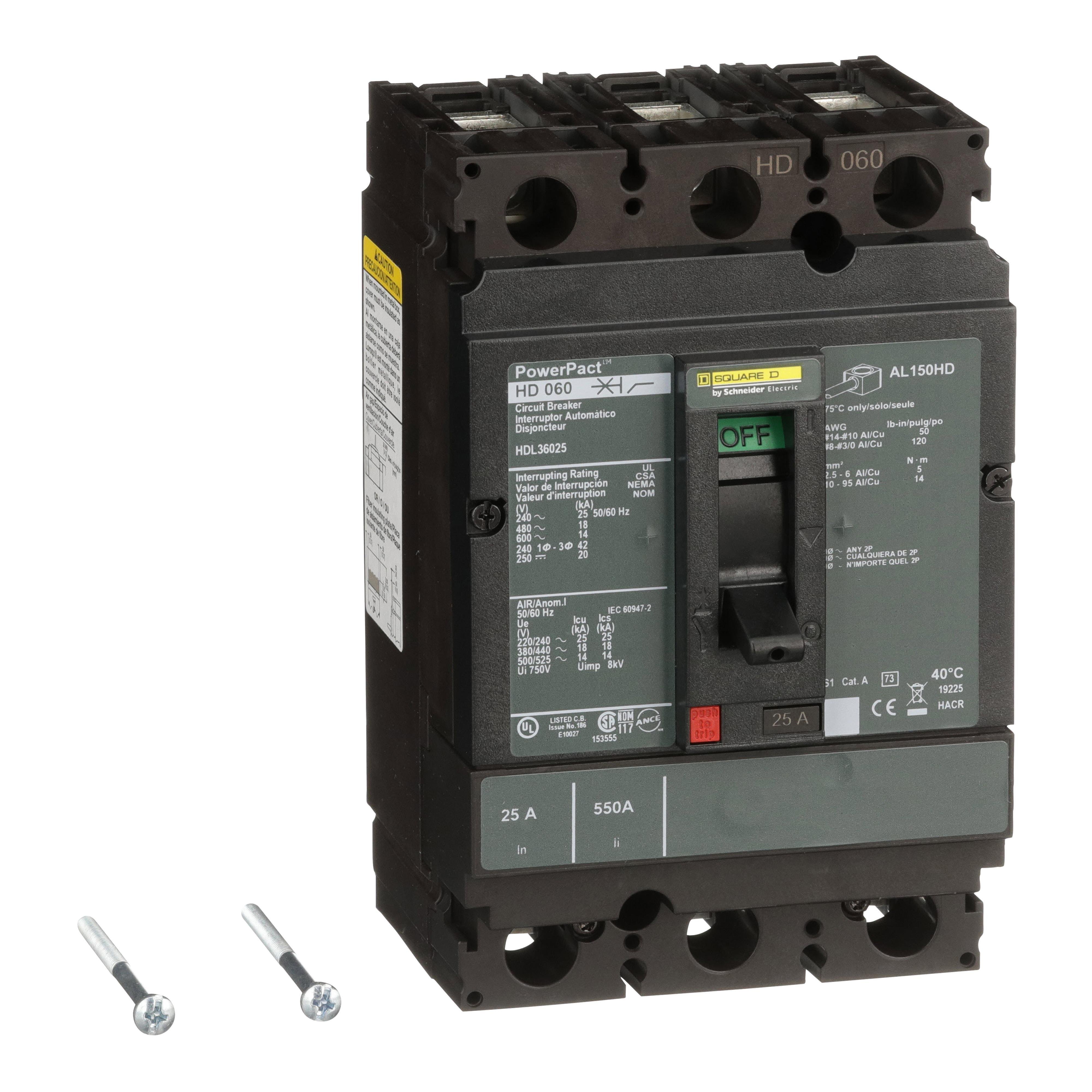 HDL36025 - Circuit breaker, PowerPacT H, 25A, 3 pole, 600VAC, 14kA, lugs, thermal magnetic, 80%