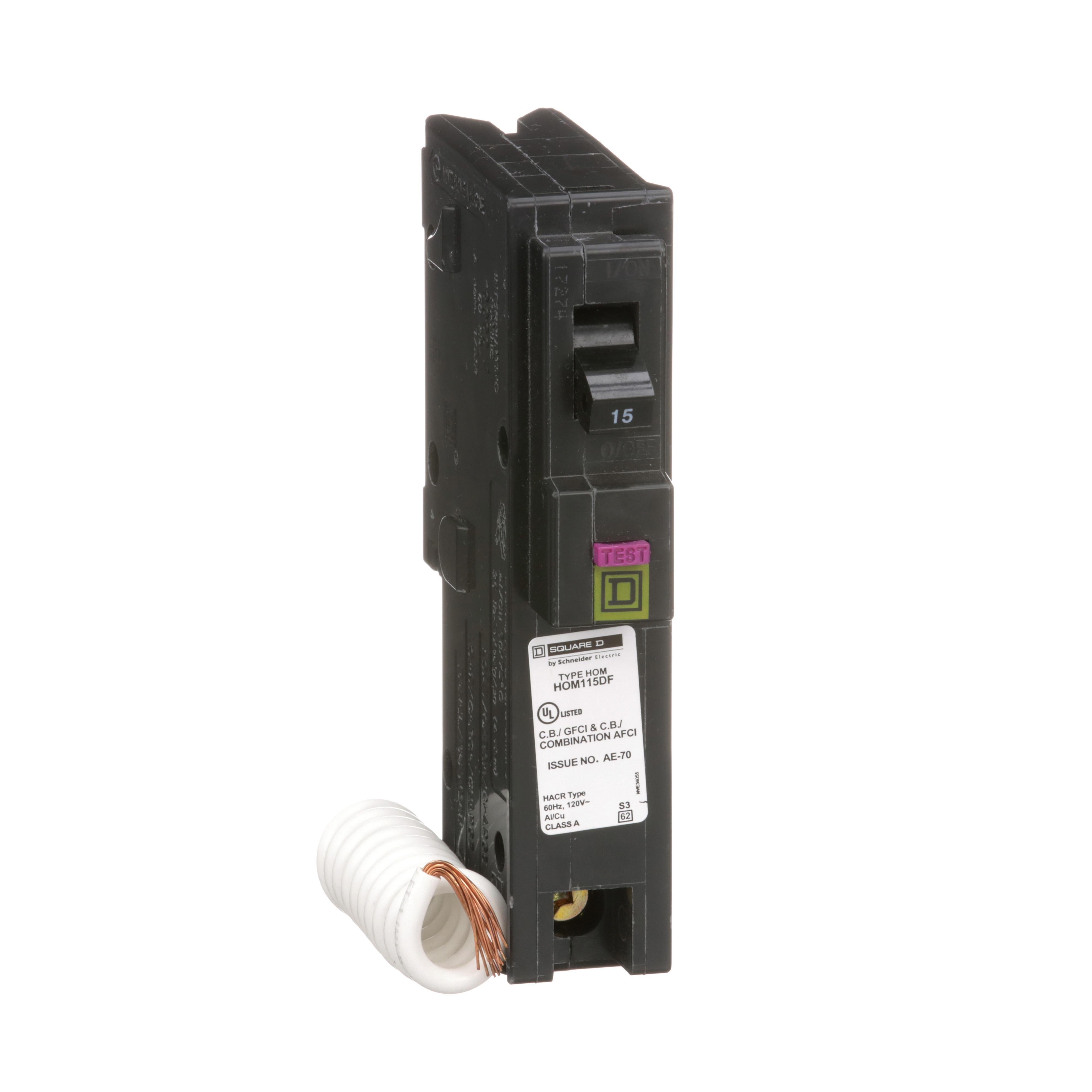 HOM115DF - [TAA] Mini circuit breaker, Homeline, 15A, 1 pole, 120VAC, 10kA AIR, combo ARC/ground fault, plug in, UL