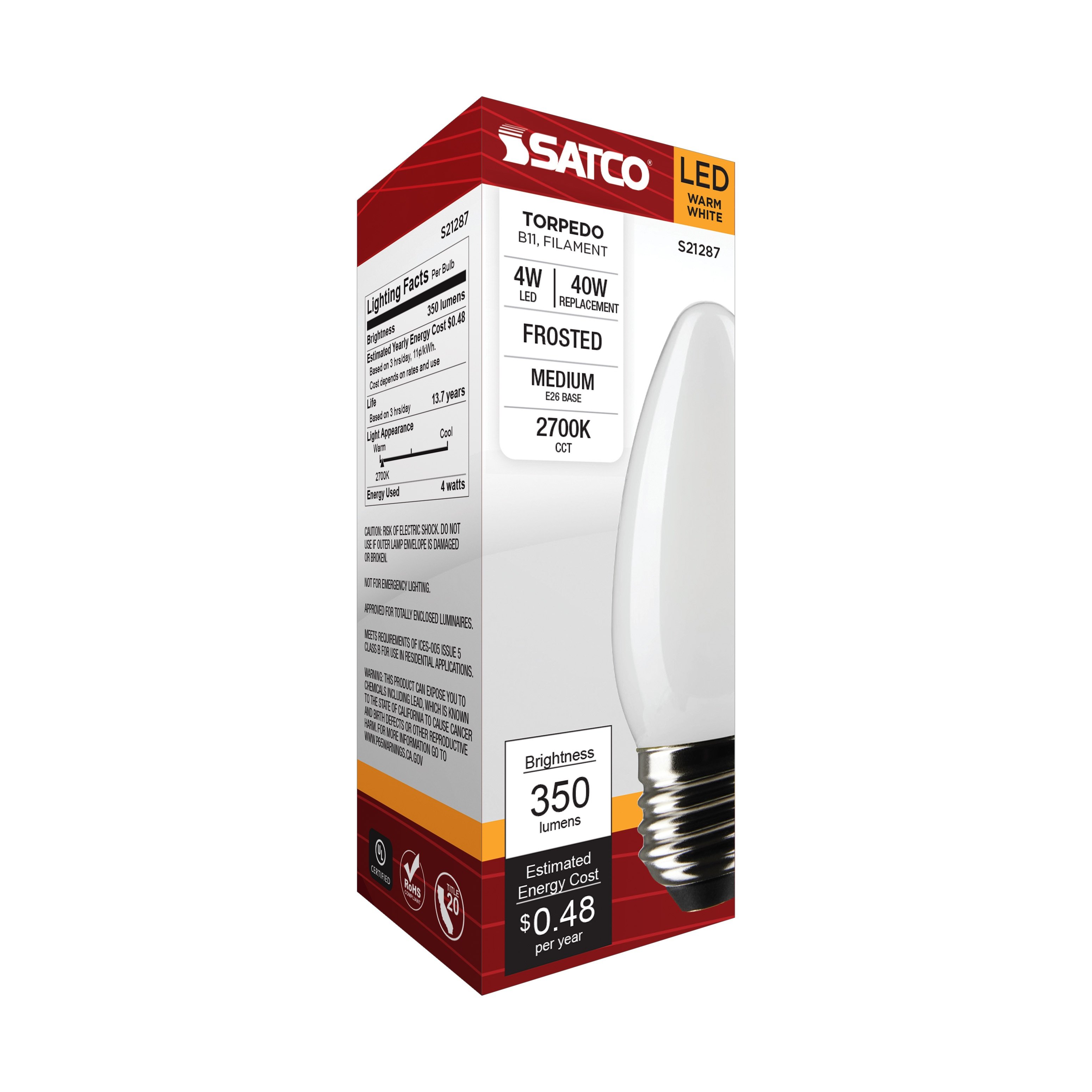 Picture of S21287 - 4 Watt B11 LED - Frost - Medium base - 90 CRI - 2700K - 120 Volt