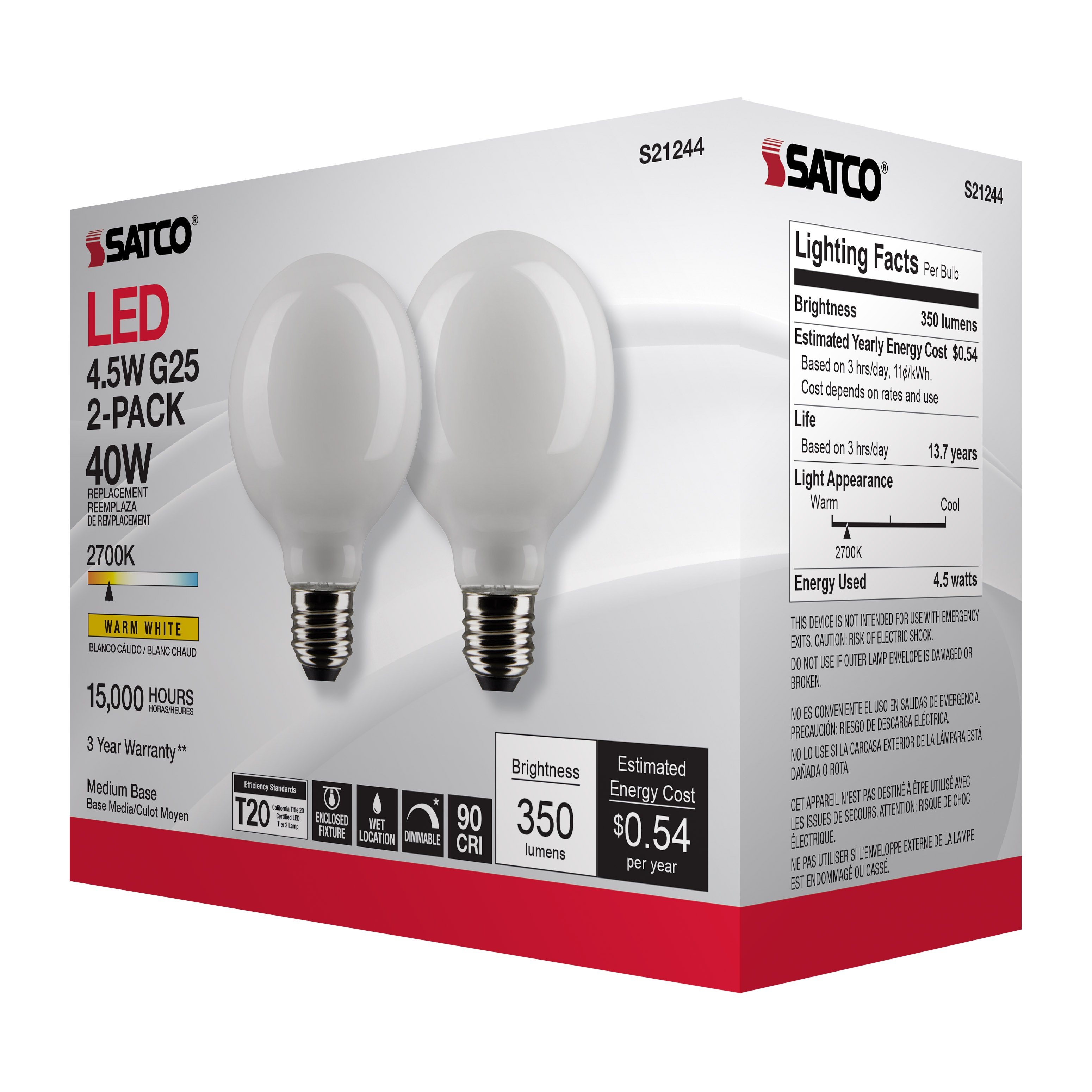 Picture of S21244 - 4.5 Watt G25 LED - White - Medium base - 90 CRI - 2700K - 120 Volt - 2 Pack
