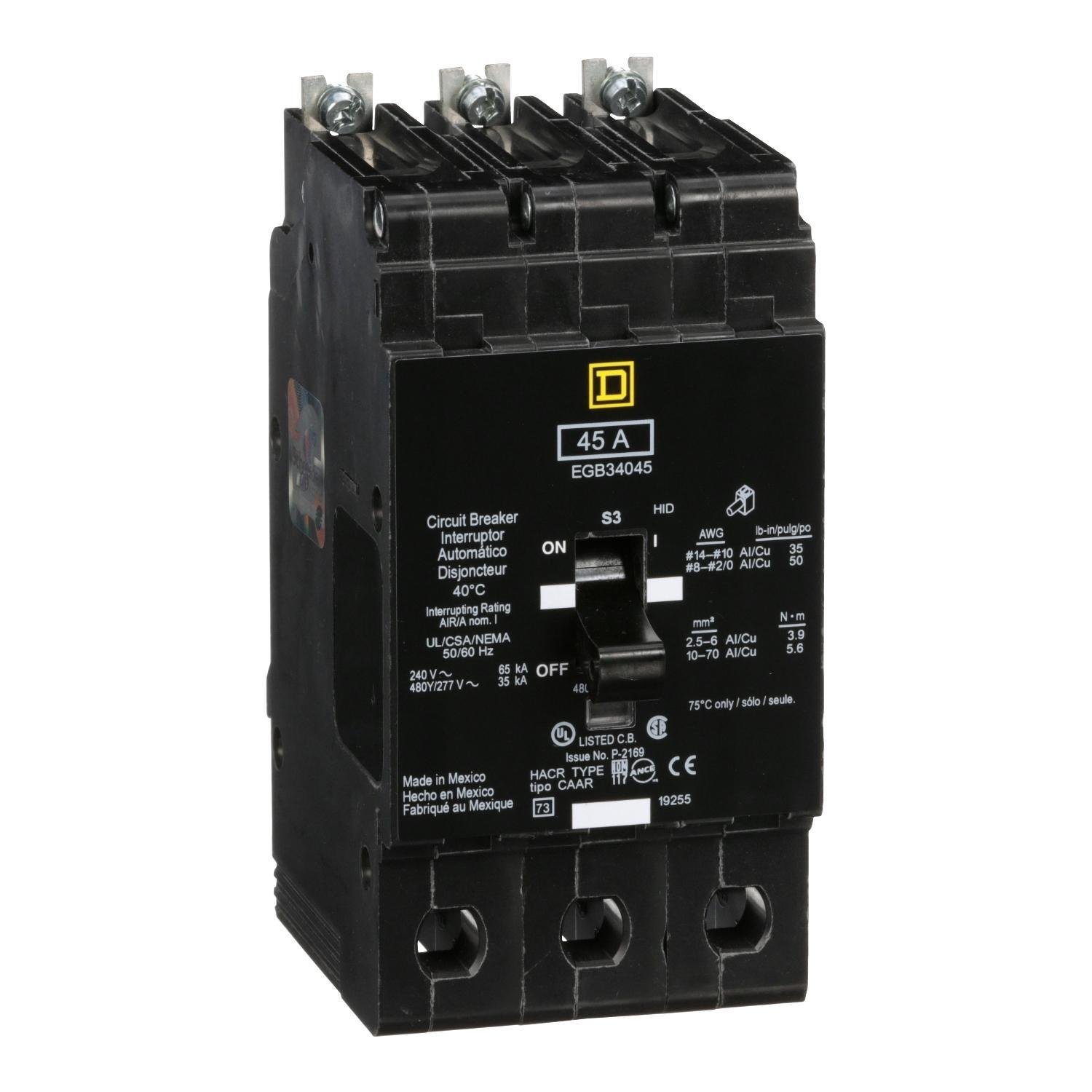 Picture of EGB34045 - Mini circuit breaker, E-Frame, 45A, 3 pole, 480Y/277VAC, 65kA max, bolt on [TAA]