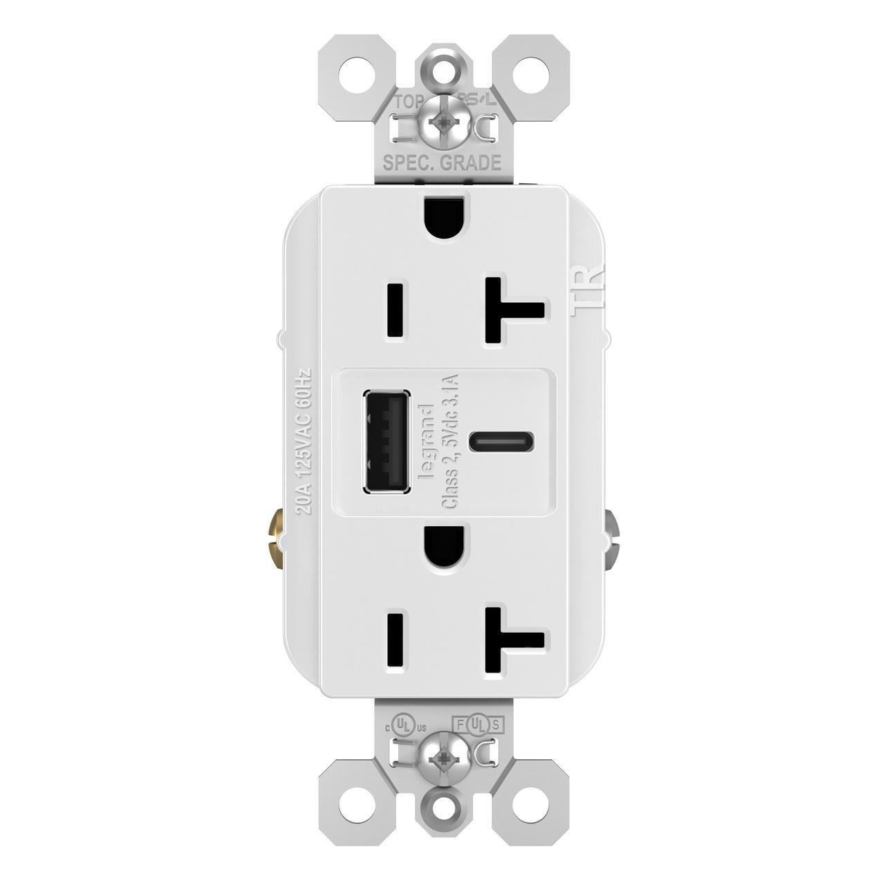 TR20USBACW - 20A 125V Tamper-Resistant Duplex Receptacle with USB A/C Charging Ports, White