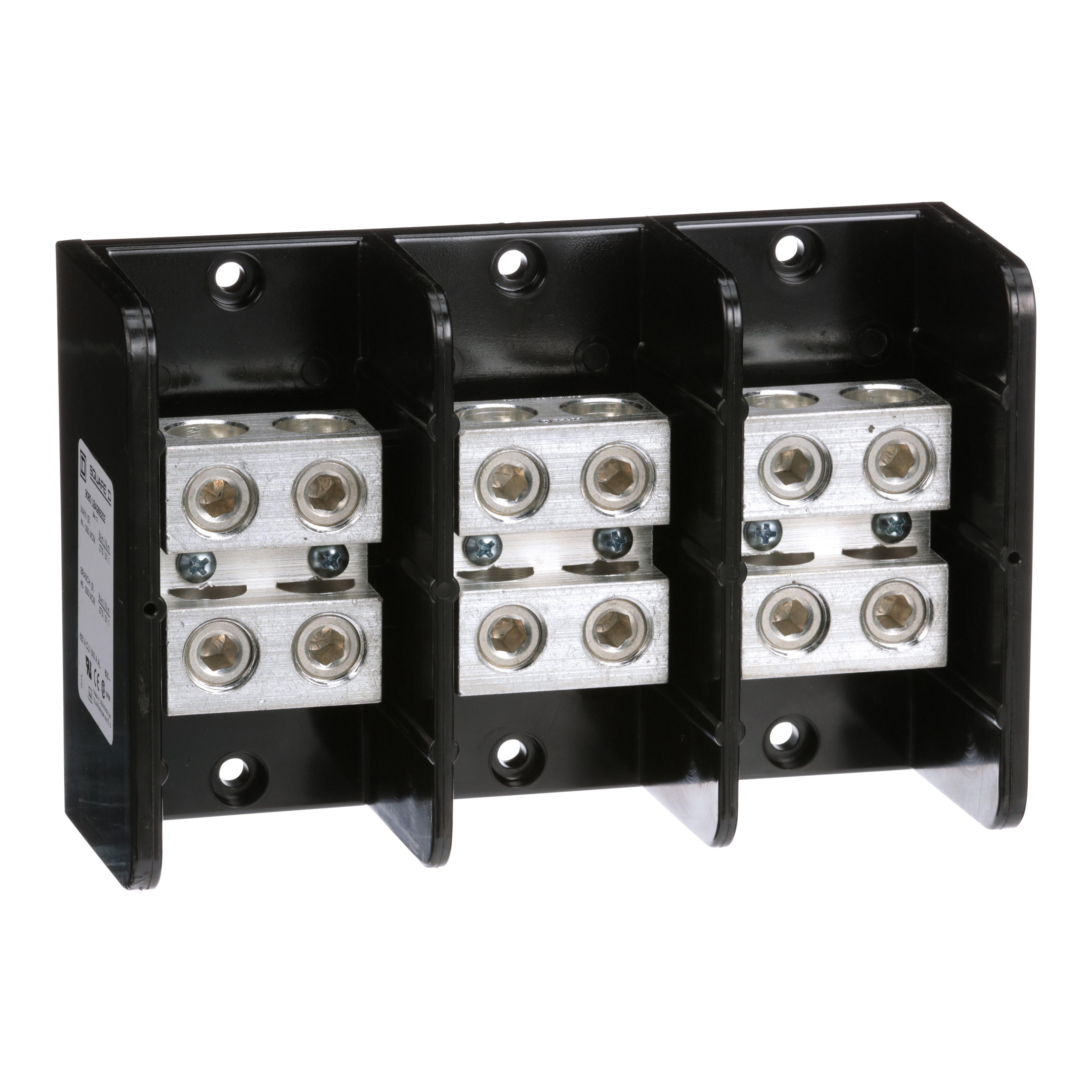 Picture of 9080LBA365202 - Power distribution block, Linergy, 3 pole, 2 line, 2 load, 620A Cu, 500A Al, 600V