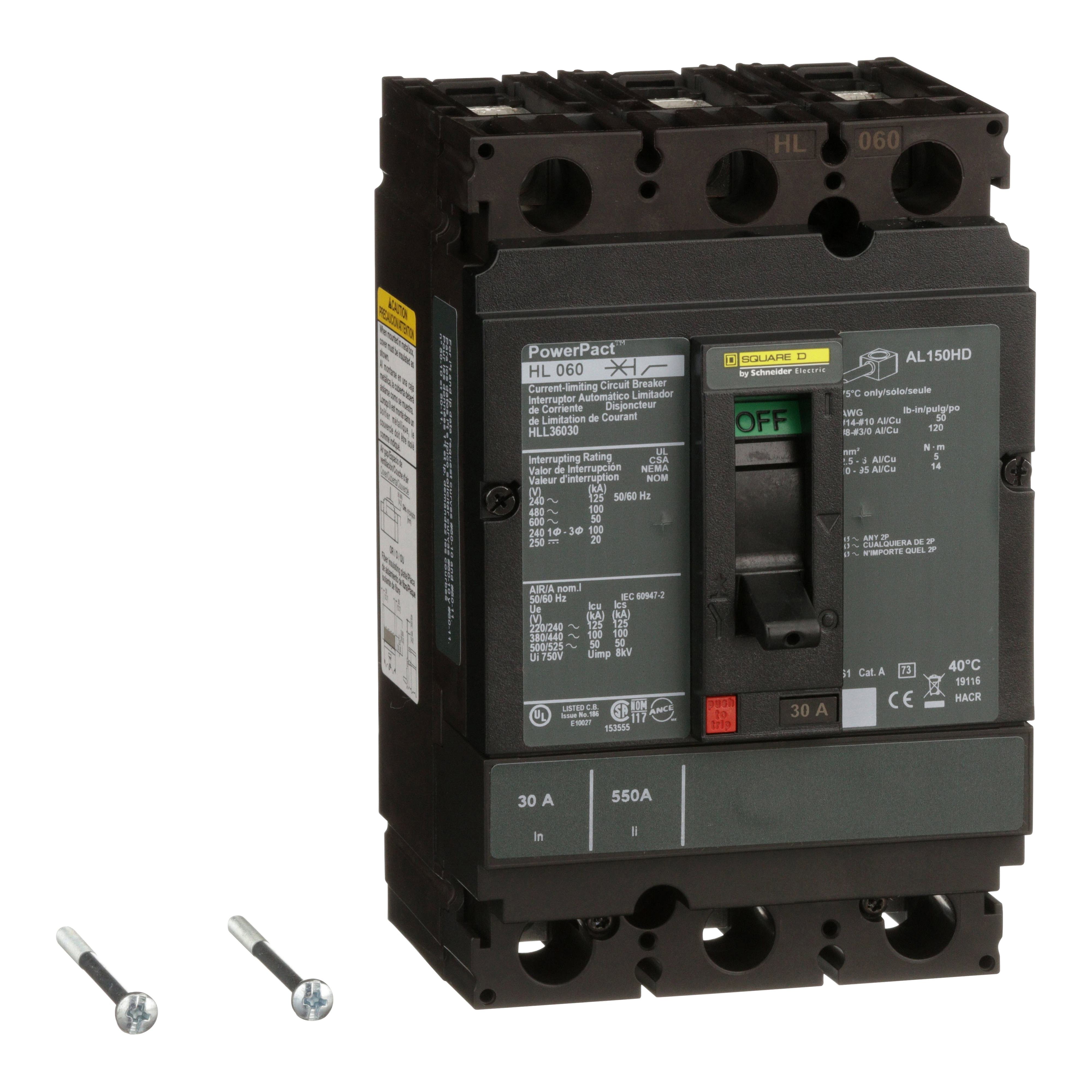 HLL36030 - Circuit breaker, PowerPacT H, 30A, 3 pole, 600VAC, 50kA, lugs, thermal magnetic, 80%