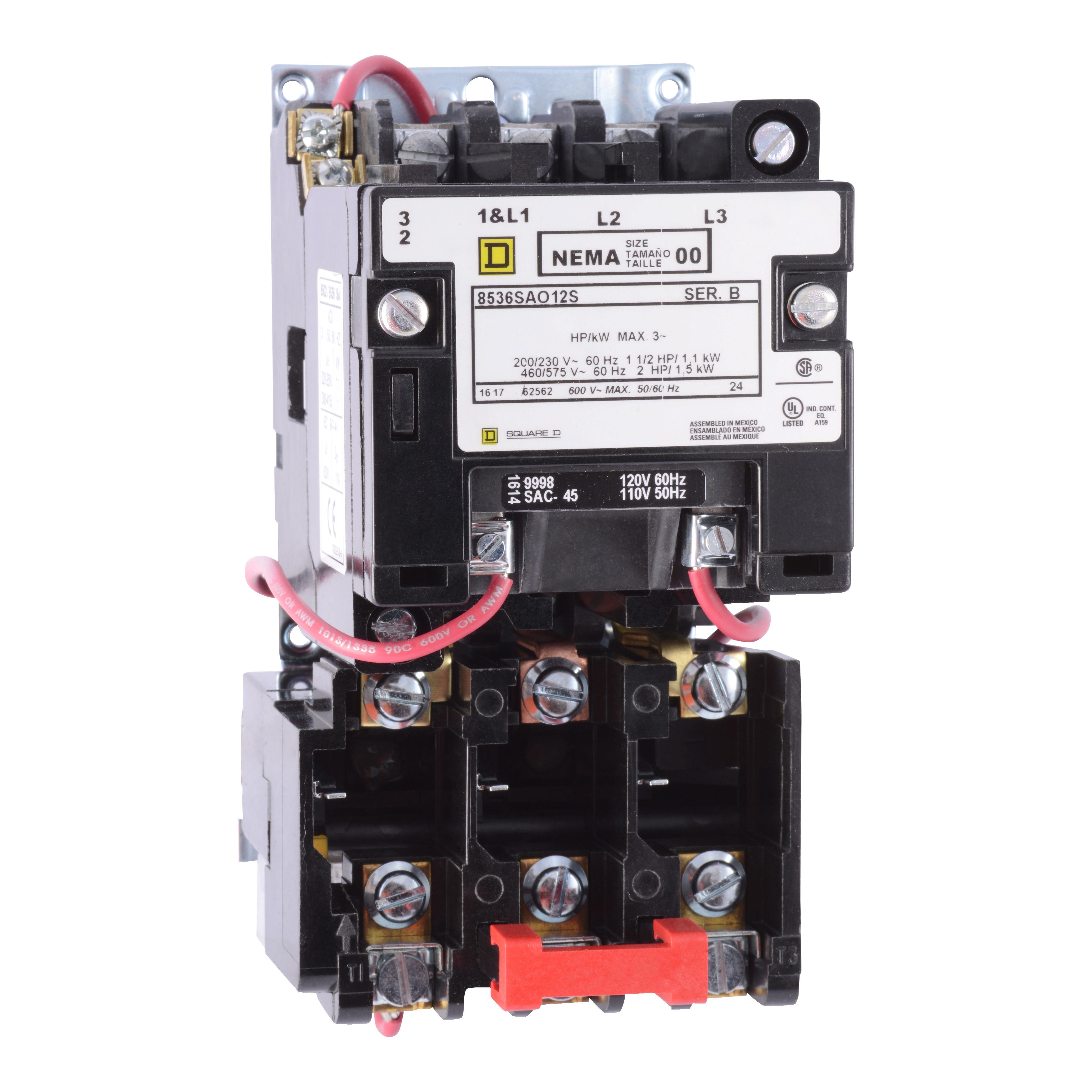 Picture of 8536SBO2V06 - NEMA motor starter, Type S, nonreversing, Size 0, 18A, 5HP at 460VAC, 5kA SCCR, 3 phase, 3 pole, melting alloy, 480VAC coil, open [TAA]