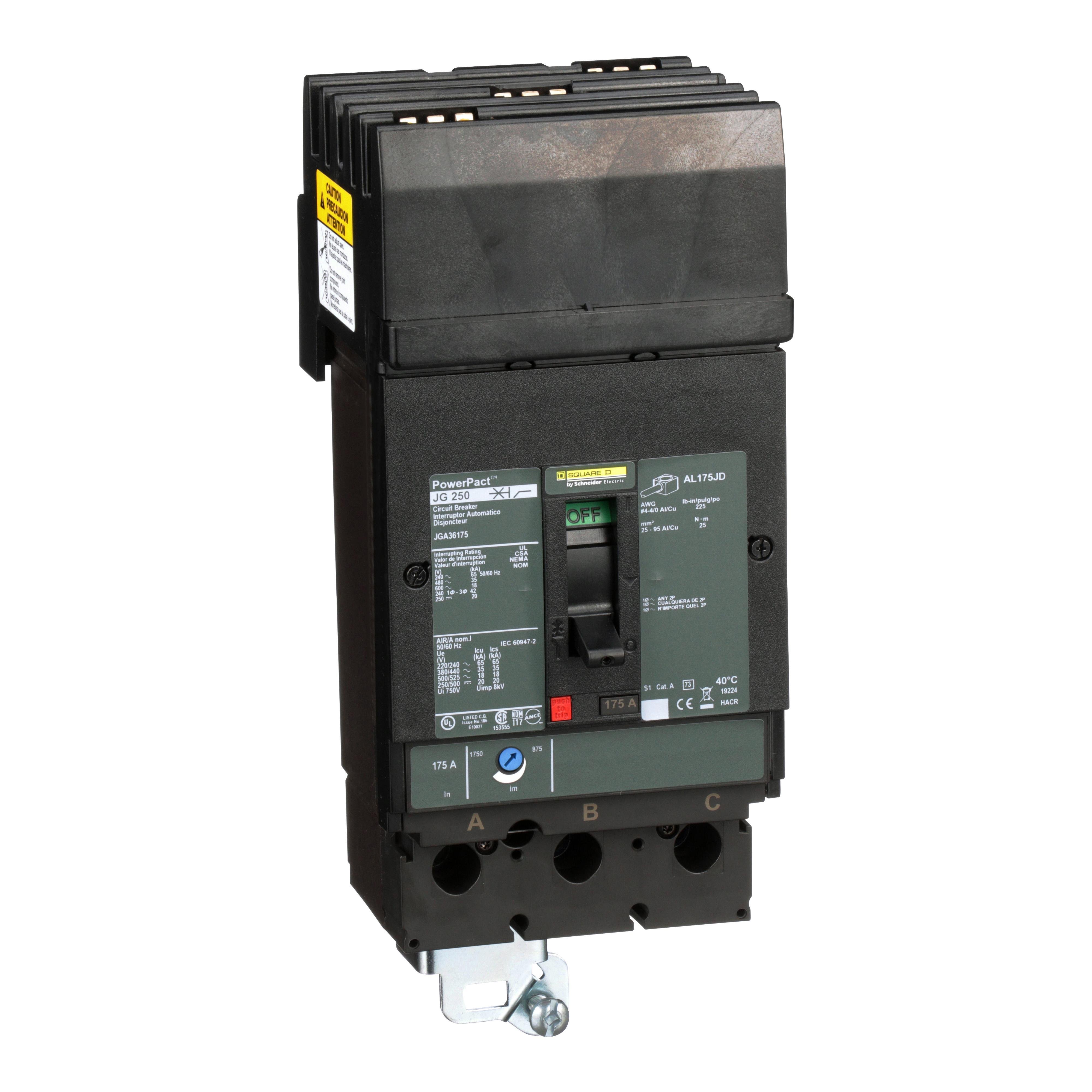 JGA36175 - Circuit breaker, PowerPacT J, 175A, 3 pole, 600VAC, 18kA, I-Line, thermal magnetic, 80%, ABC