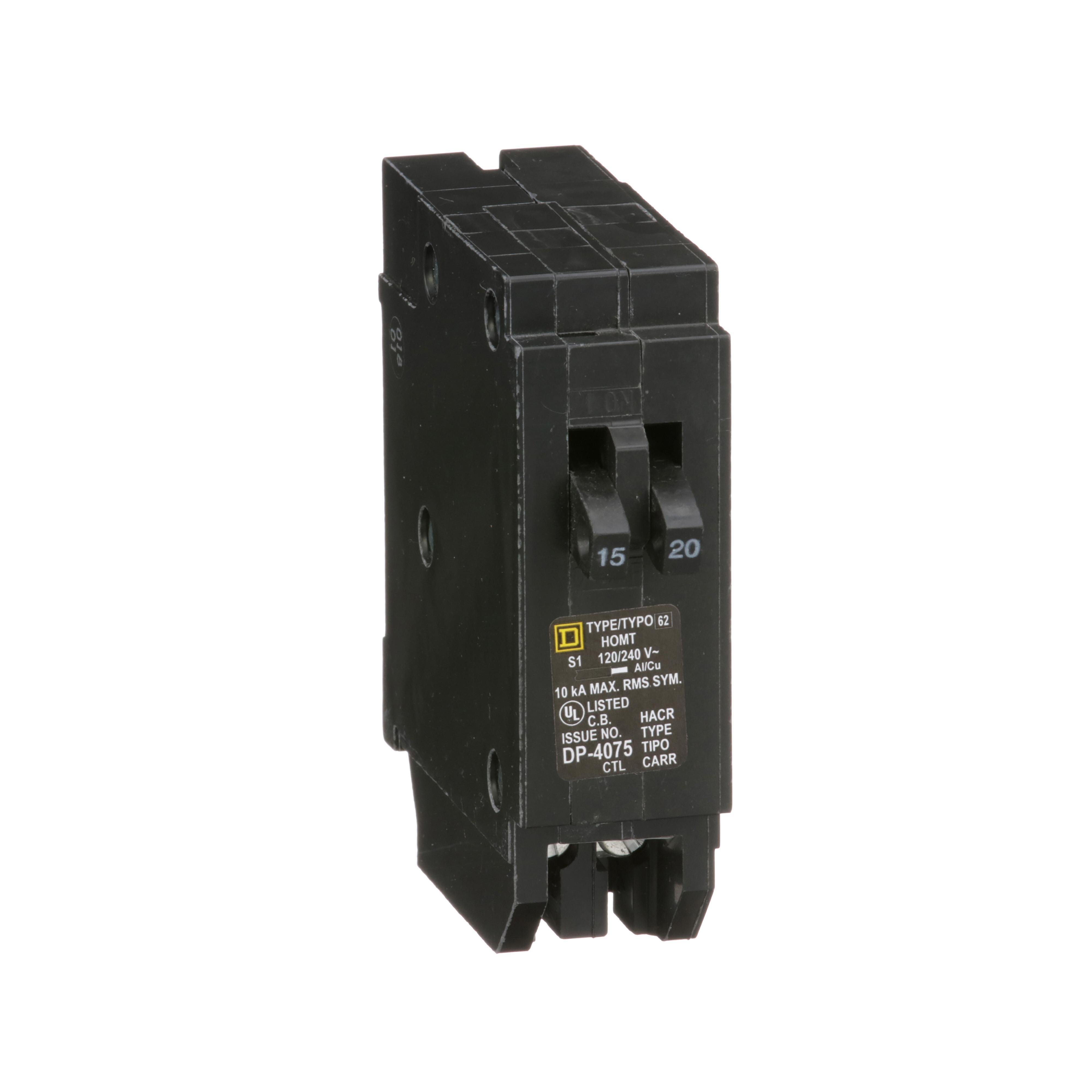 HOMT1520 - Tandem circuit breaker, Homeline, 1 x 1 pole at 15A, 1 x 1 pole at 20A, 120/240VAC, 10kA AIR, plug in, UL