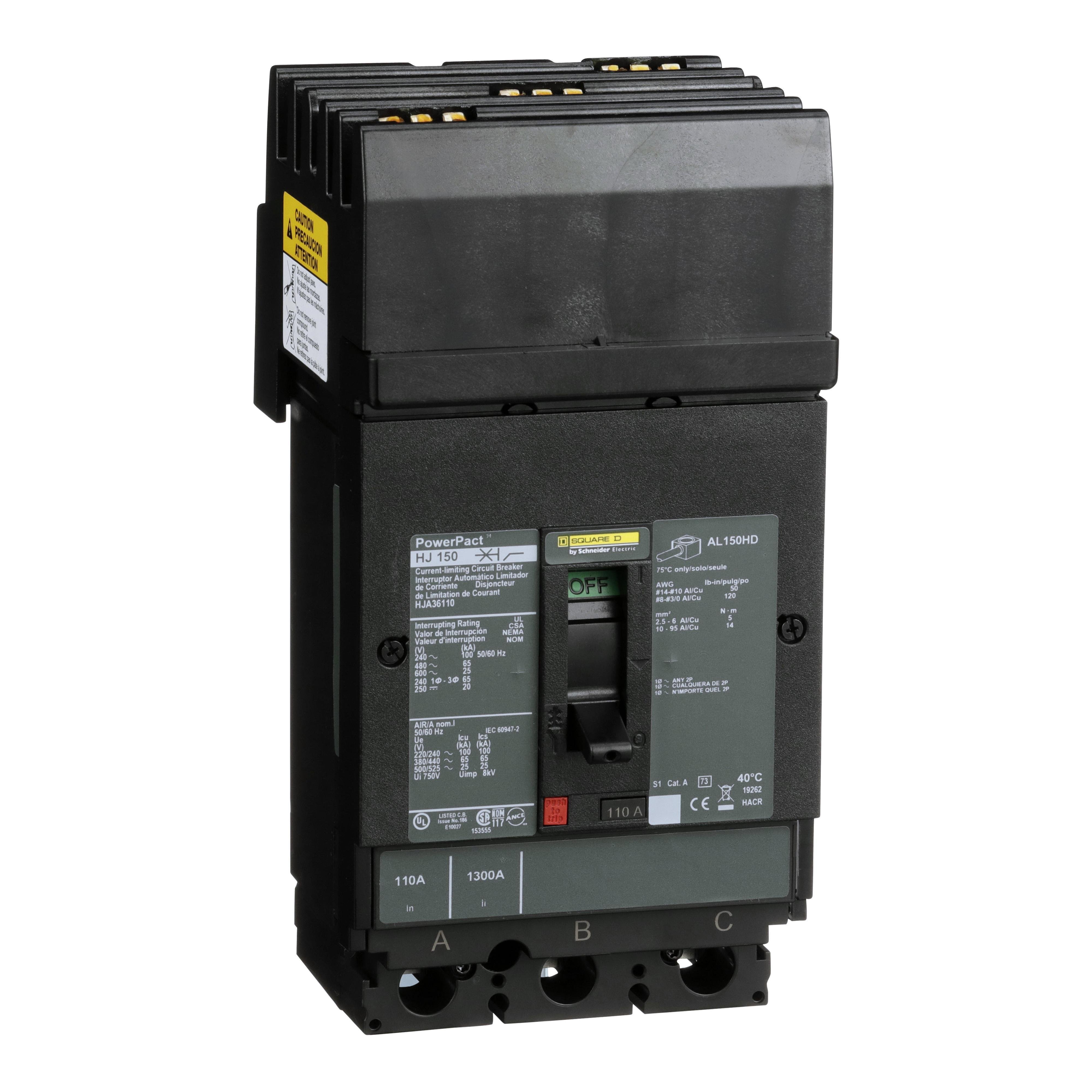 HJA36110 - Circuit breaker, PowerPacT H, 110A, 3 pole, 600VAC, 25kA, I-Line, thermal magnetic, 80%, ABC
