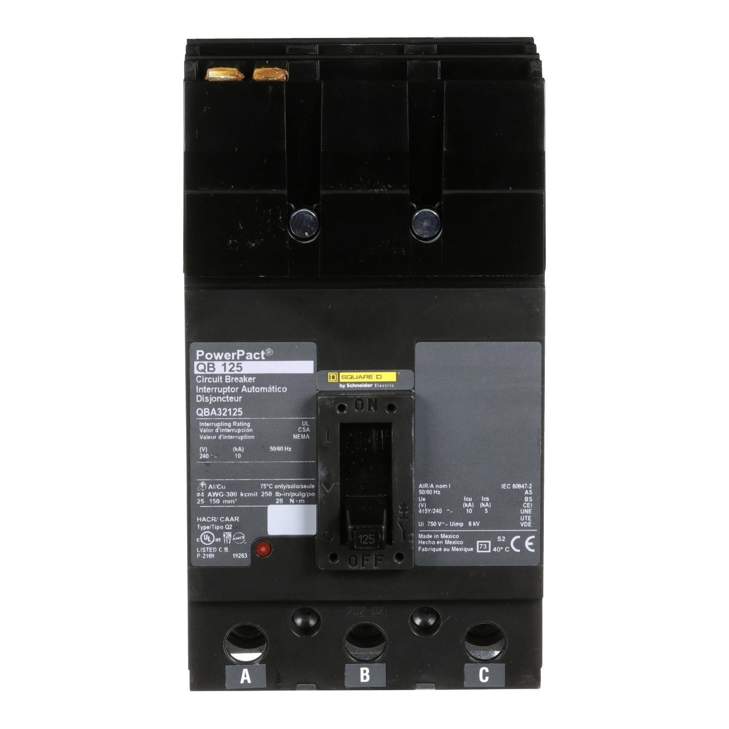 Picture of QBA32125 - Circuit breaker, PowerPacT Q, 125A, 3 pole, 240VAC, 10kA, I-Line, thermal magnetic, 80%, ABC