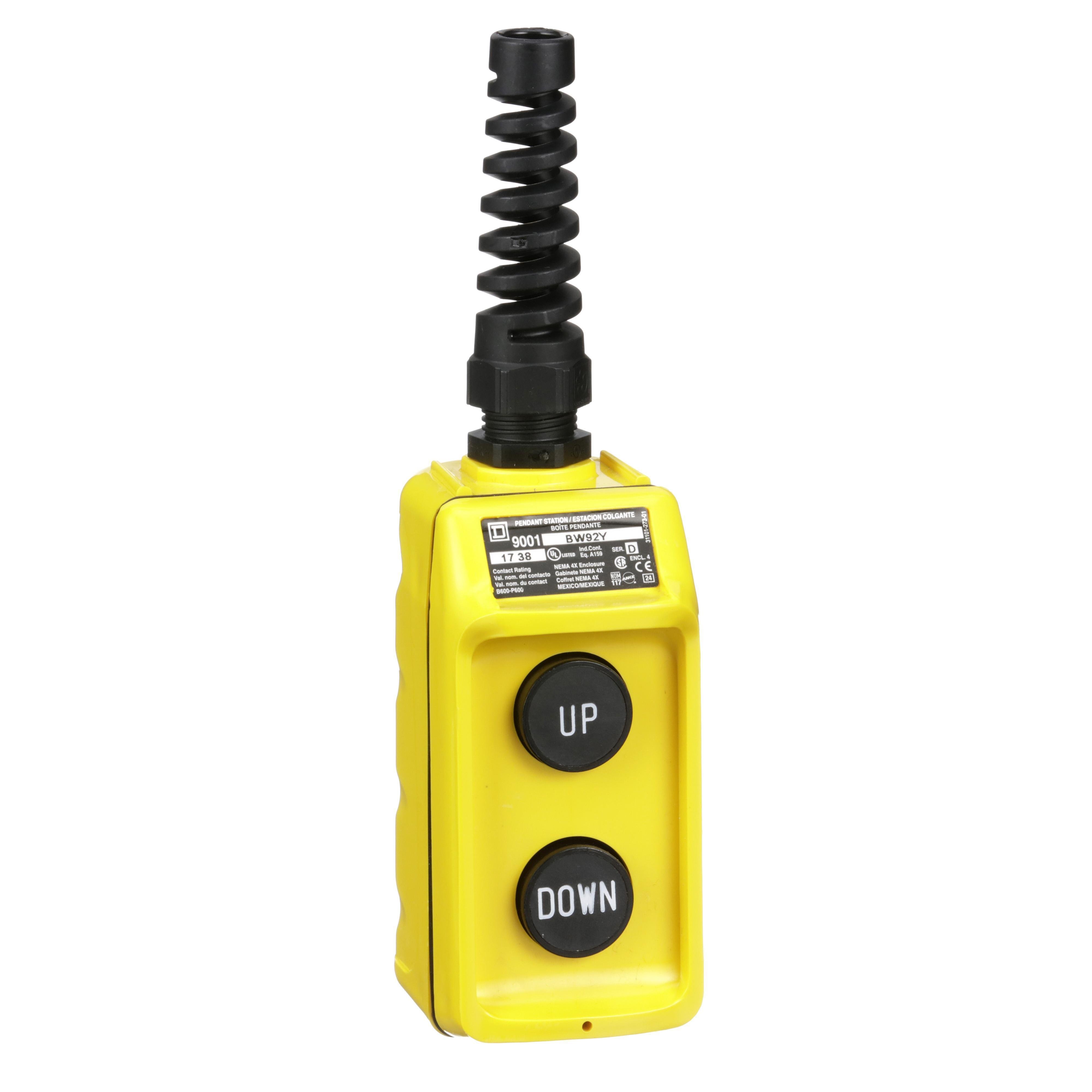 Picture of 9001BW92Y - Pendant Station, 2 mechanically interlocked push buttons, NO contacts, UP DOWN, yellow enclosure, 600 VAC 5 A
