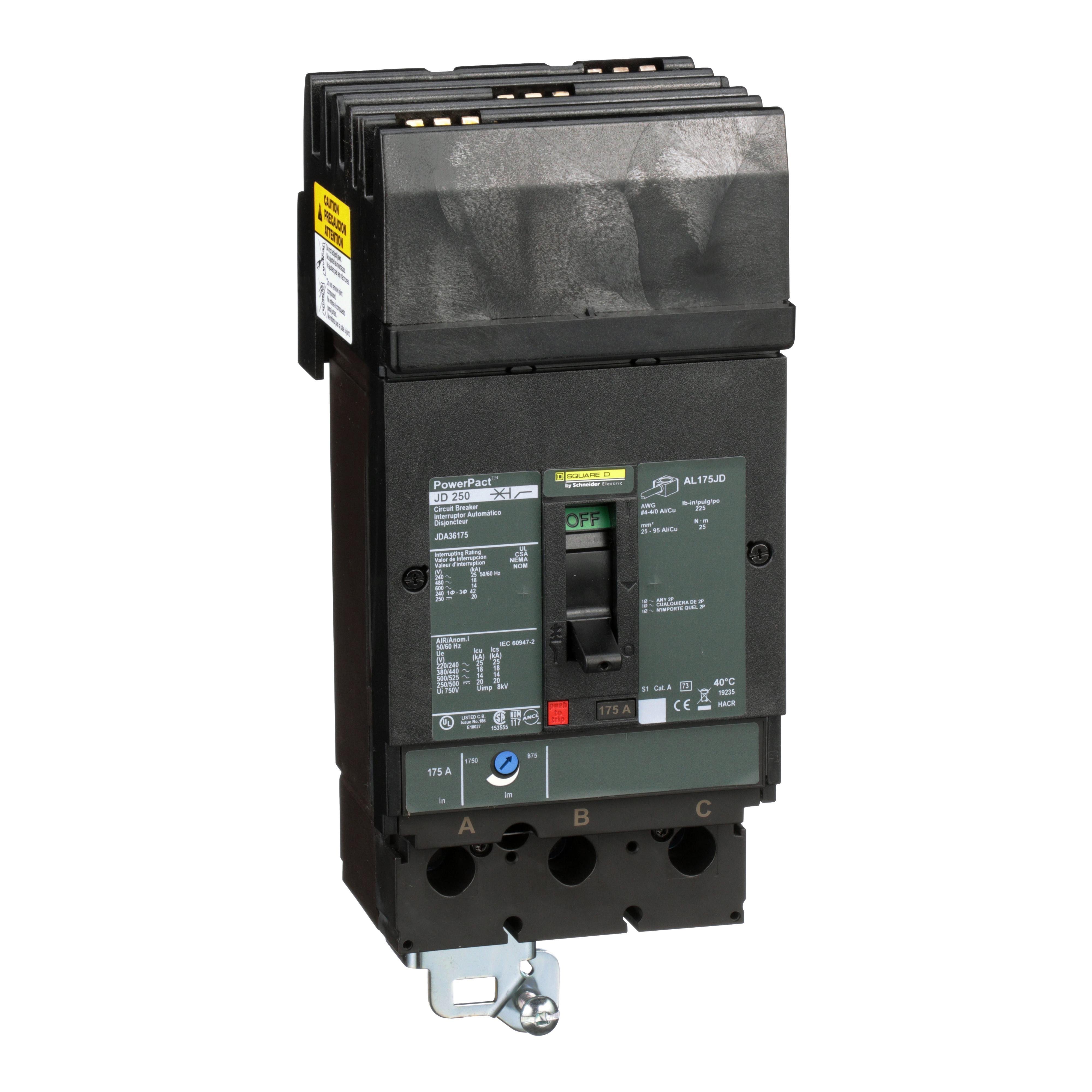 JDA36175 - Circuit breaker, PowerPacT J, 175A, 3 pole, 600VAC, 14kA, I-Line, thermal magnetic, 80%, ABC