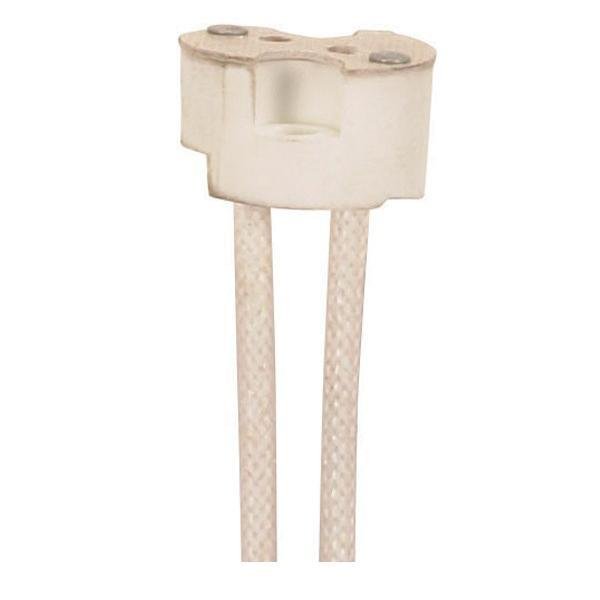 80-2049 - Porcelain Halogen Round Socket, 12" Leads, G4-GX5.3-GY6.35 Base, SF-1 200C Leads, 3/8" Height, 11/16" Diameter, 750W, 250V