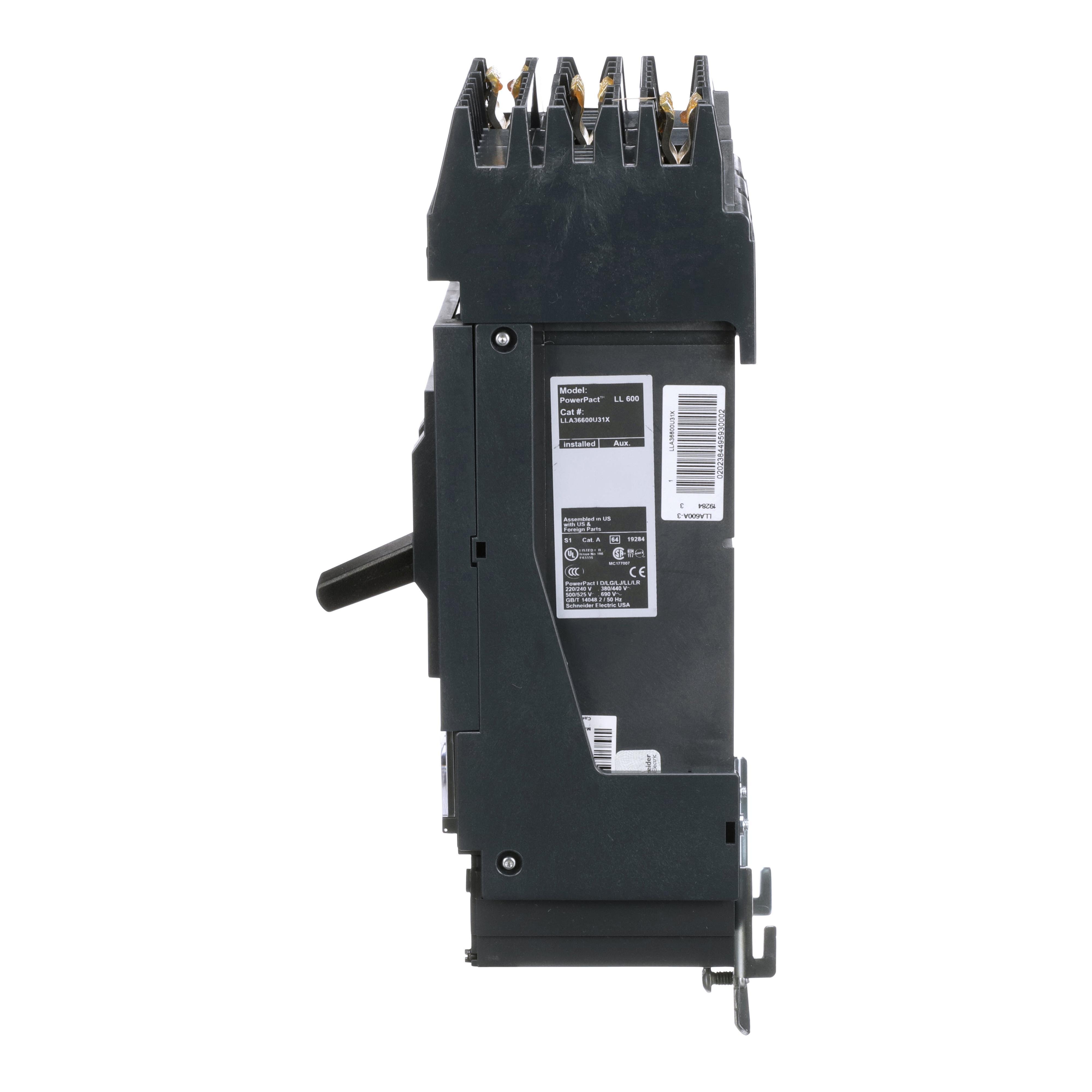 Picture of LLA36600U31X - Circuit breaker, PowerPacT L, 600A, 3 pole, 600VAC, 50kA, I-Line, MicroLogic 3.3, 80%, ABC