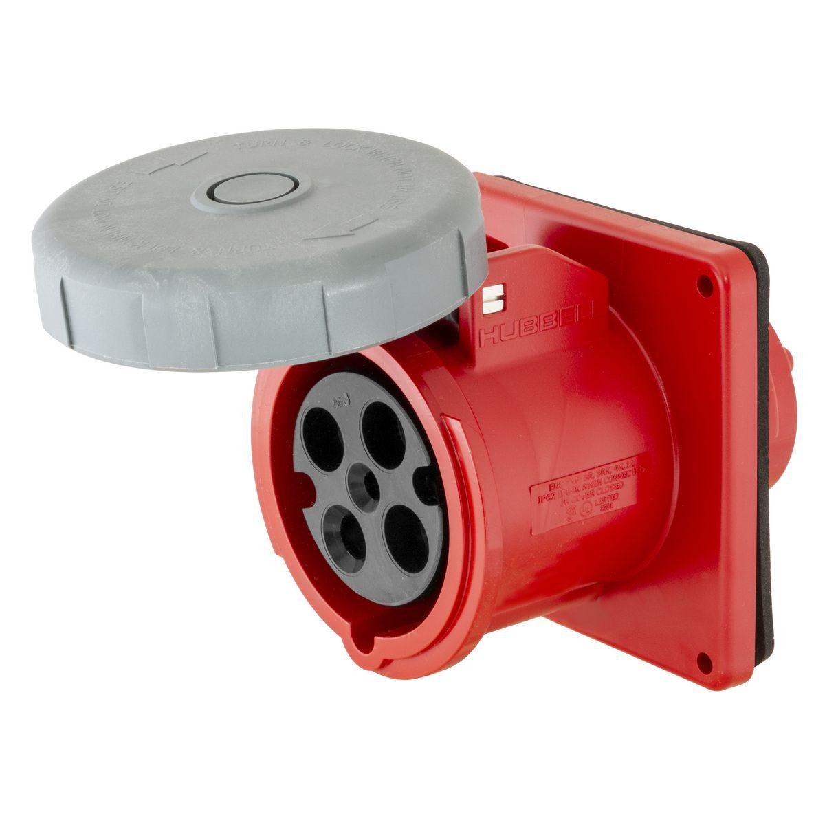 HBL4100R7W - Heavy Duty Products, IEC Pin and Sleeve Devices, Industrial Grade, Female Receptacle, 100A 3-Phase Delta 480V AC, 3-Pole 4-Wire Grounding, Terminal Screws, Red, Watertight