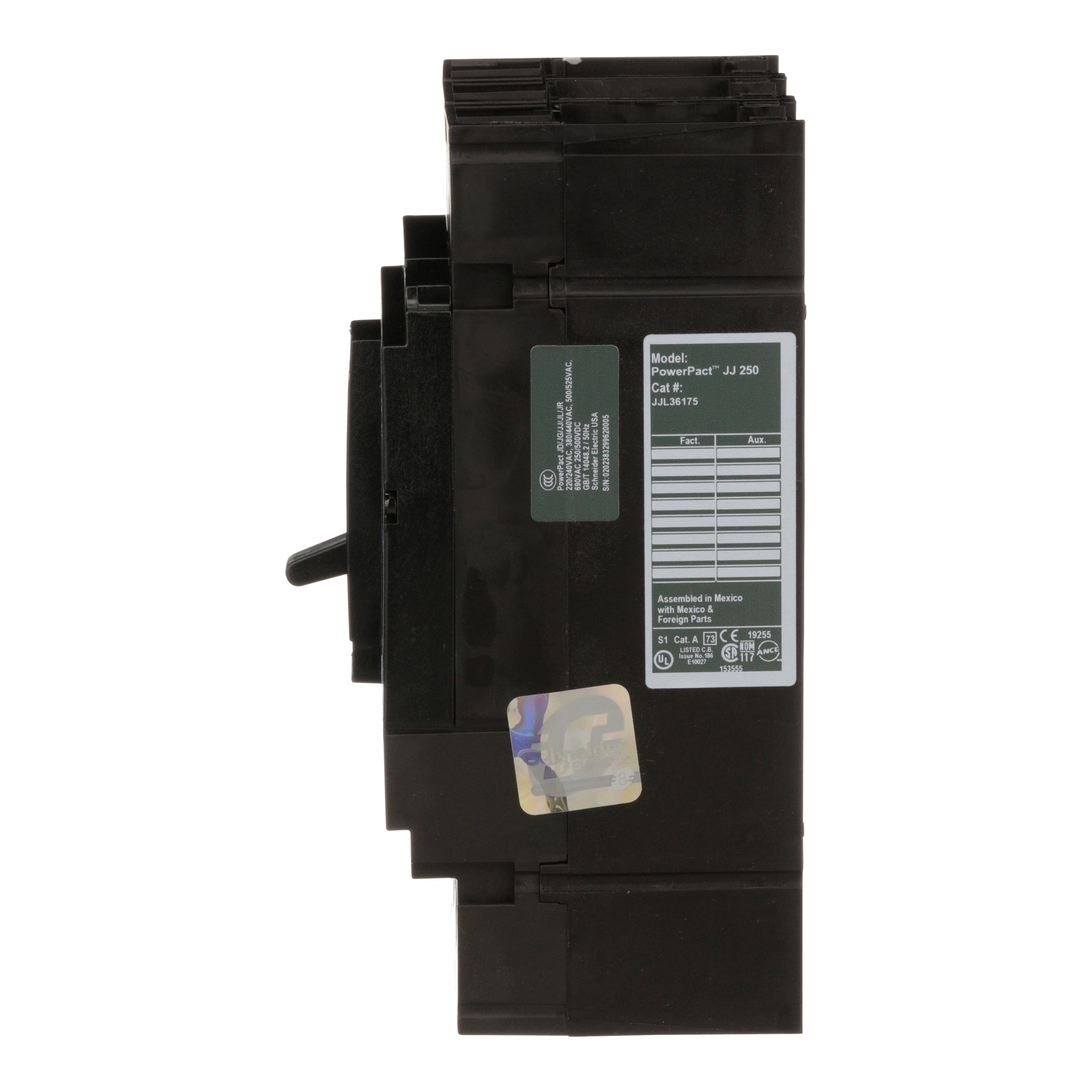 Picture of JJL36175 - Circuit breaker, PowerPacT J, 175A, 3 pole, 600VAC, 25kA, lugs, thermal magnetic, 80%
