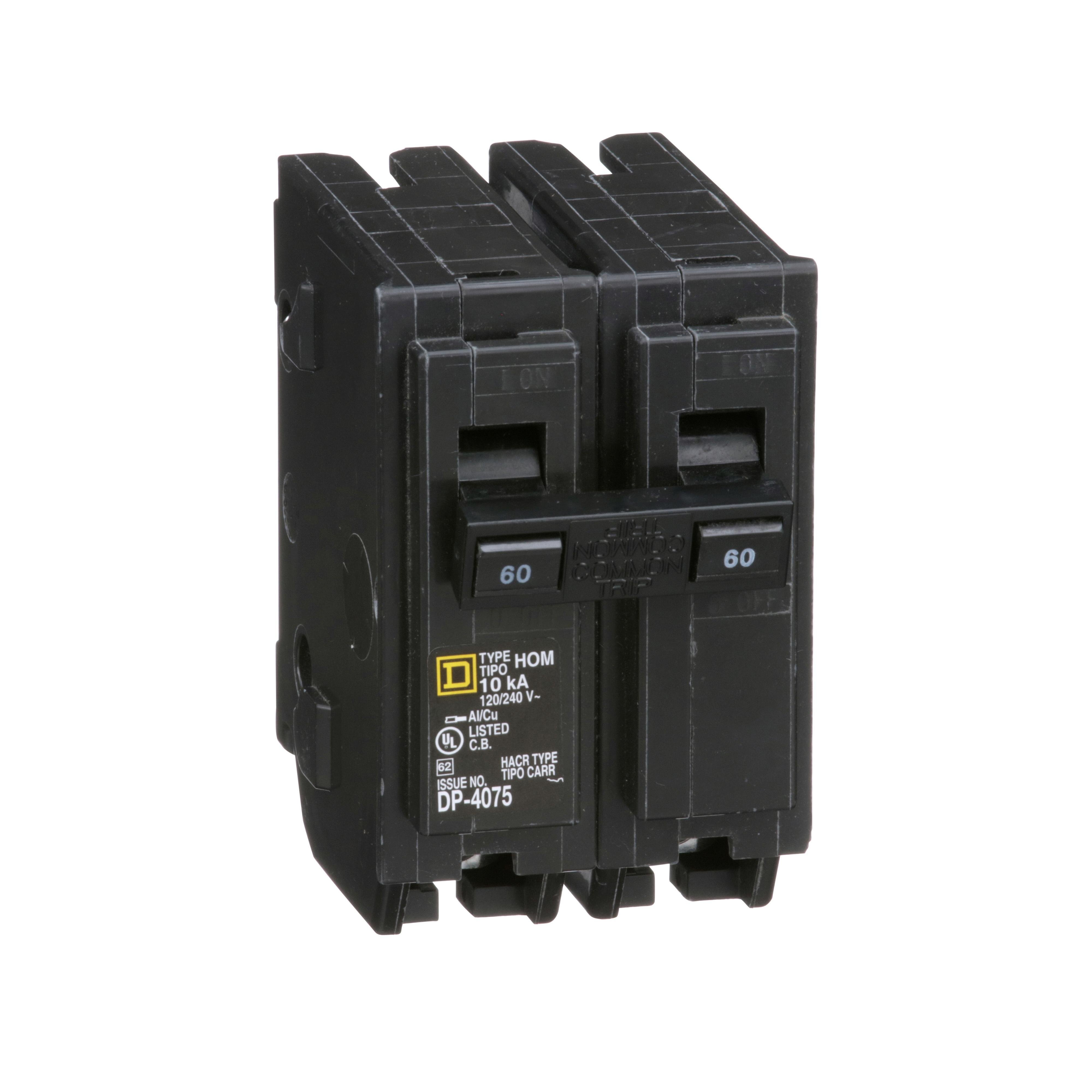 Picture of HOM260 - Mini circuit breaker, Homeline, 60A, 2 pole, 120/240VAC, 10kA AIR, standard type, plug in, UL