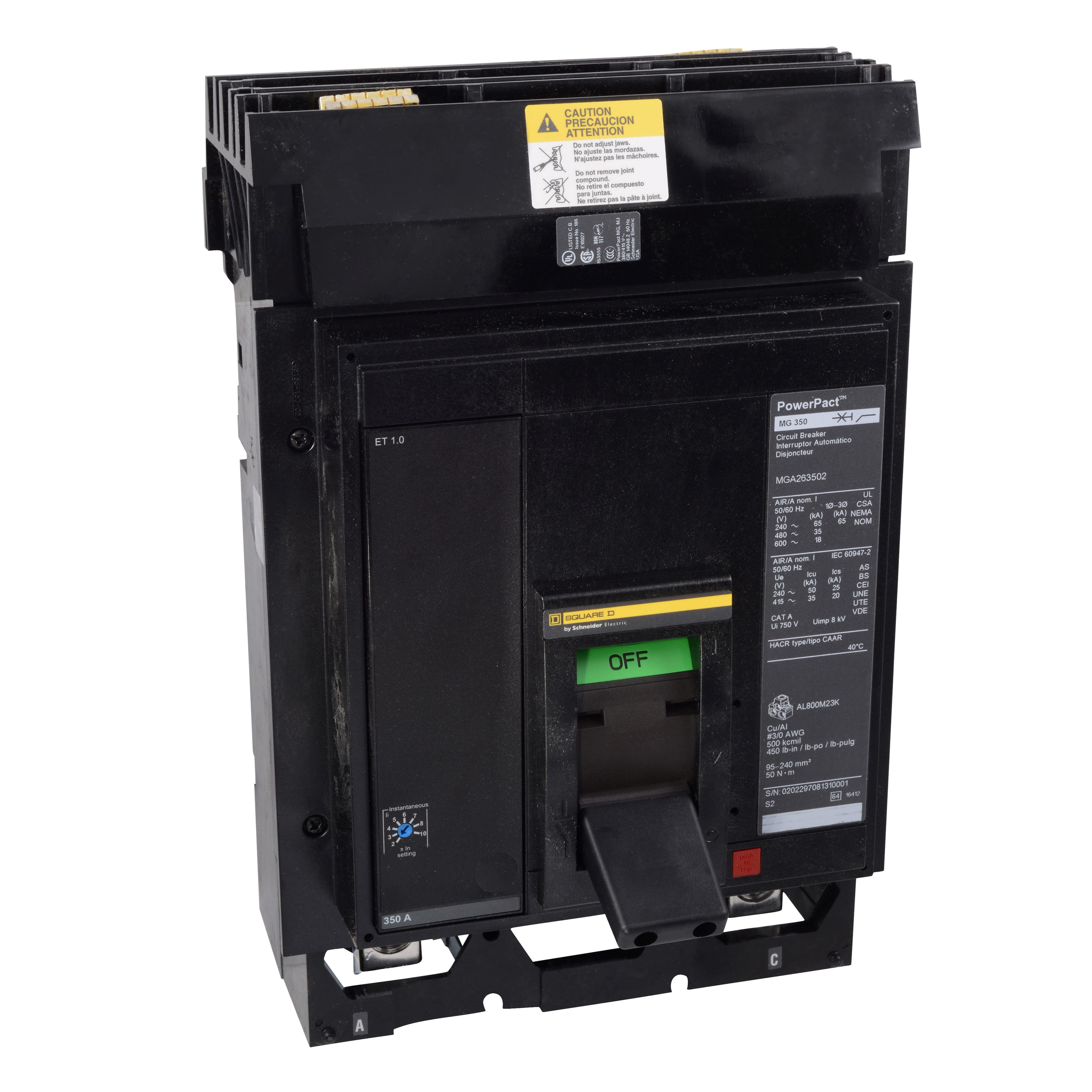 MJA36500 - Circuit breaker, PowerPacT M, 500A, 3 pole, 600VAC, 25kA, I-Line, ET 1.0, 80%, ABC