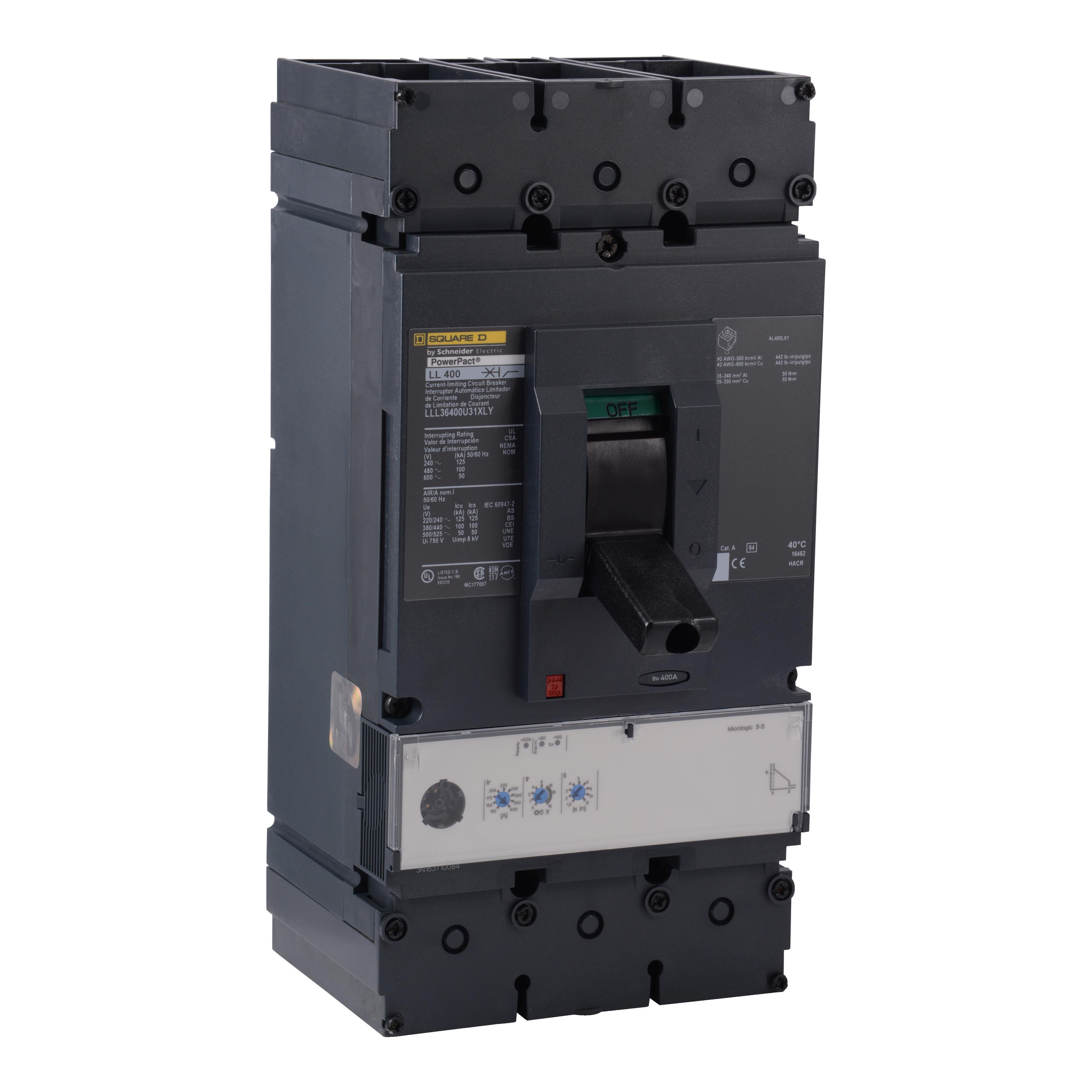 LLL36400U31X - Circuit breaker, PowerPacT L, 400A, 3 pole, 600VAC, 50kA, lugs, MicroLogic 3.3, 80%