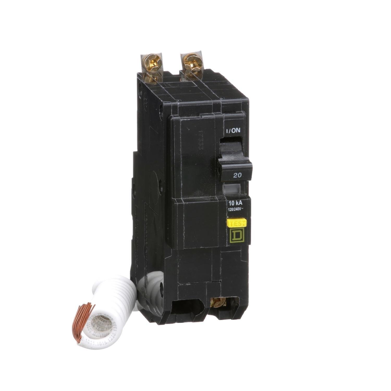 Picture of QOB220GFI - [TAA] Mini circuit breaker, QO, 20A, 2 pole, 120/240VAC, 10kA, bolt on, 6mA grd fault A, pigtail