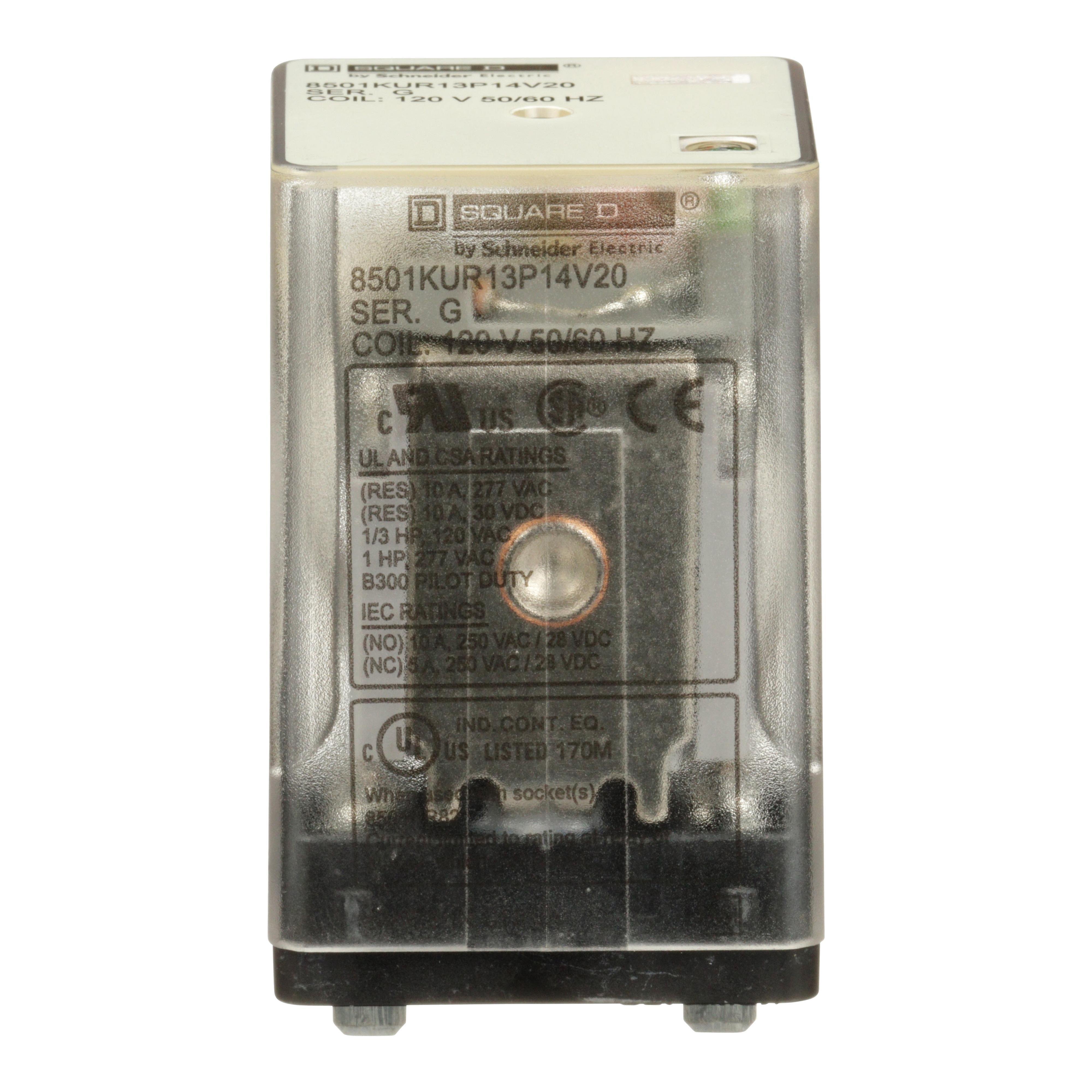 8501KUR13P14V20 - Relay, Harmony 8501K, 3PDT, 11 blades, LED, coil, 10A resistive at 120V AC, 120V AC, 0.5 HP at 240V AC, 3NO + 3NC