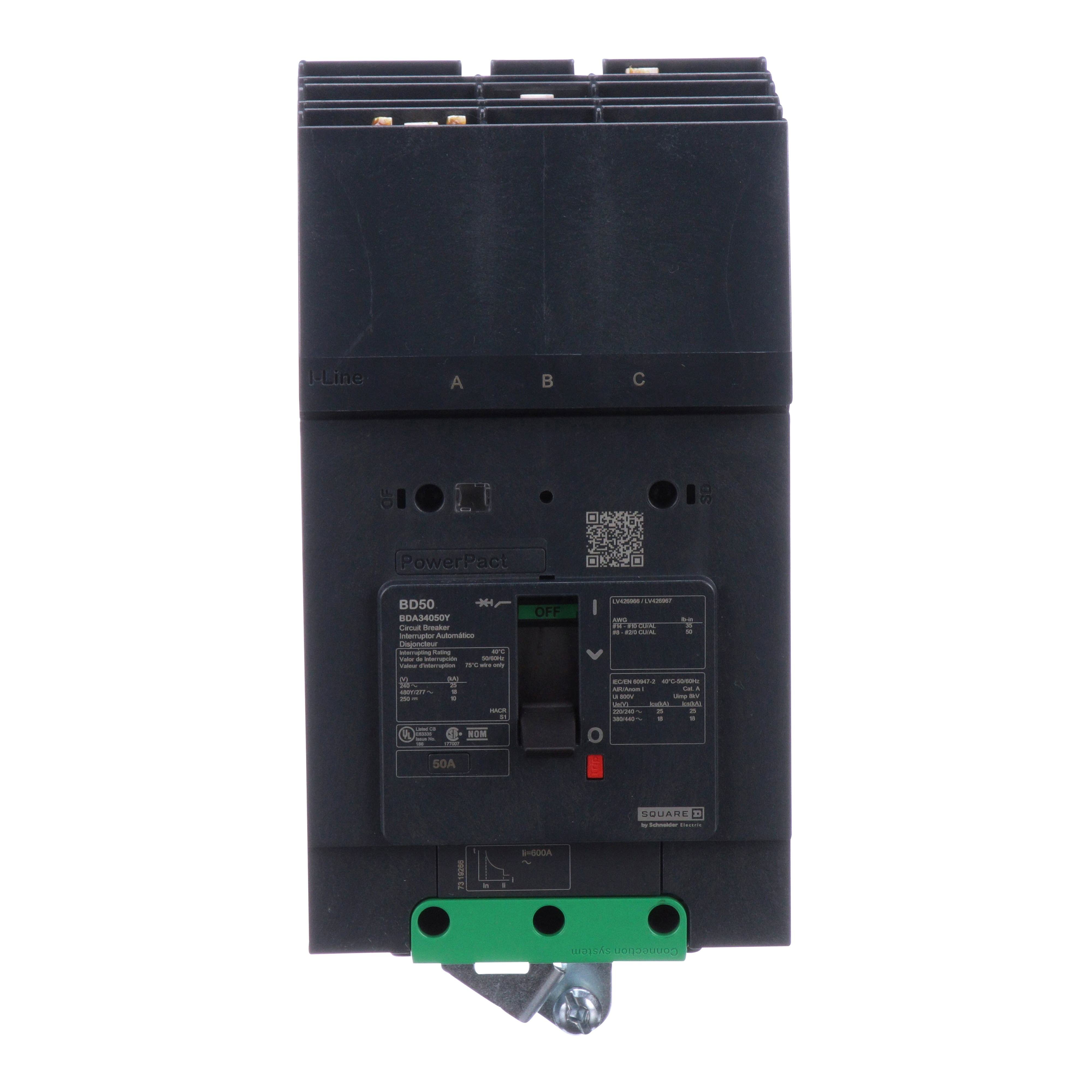 Picture of BDA34050Y - Circuit breaker, PowerPacT B, 50A, 3 pole, 480Y/277VAC, 18kA, I-Line, thermal magnetic, 80%, ABC