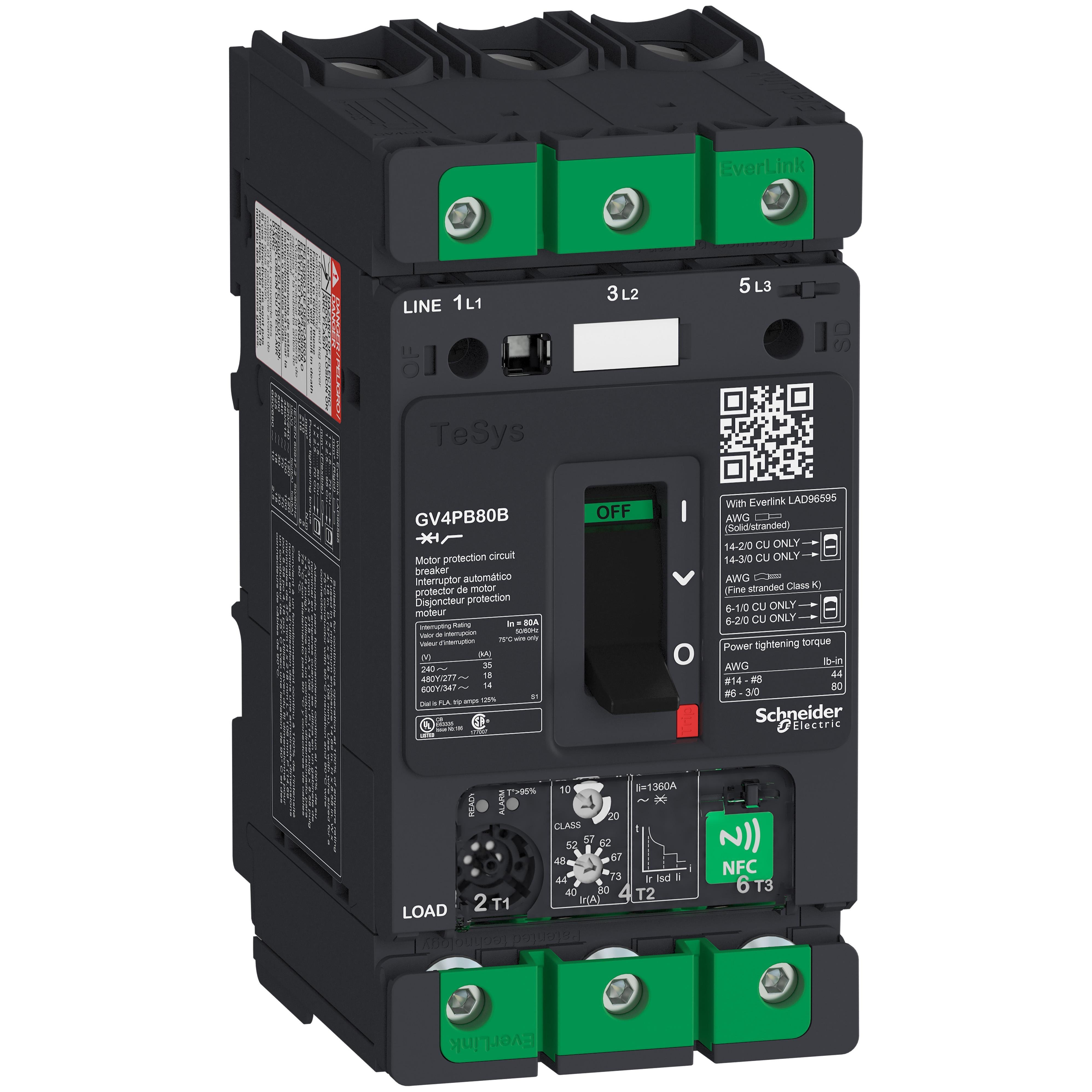 GV4PB80B - Motor circuit breaker, TeSys Deca, 3P, 80A, Icu 25kA, thermal magnetic, multifunction, UL489