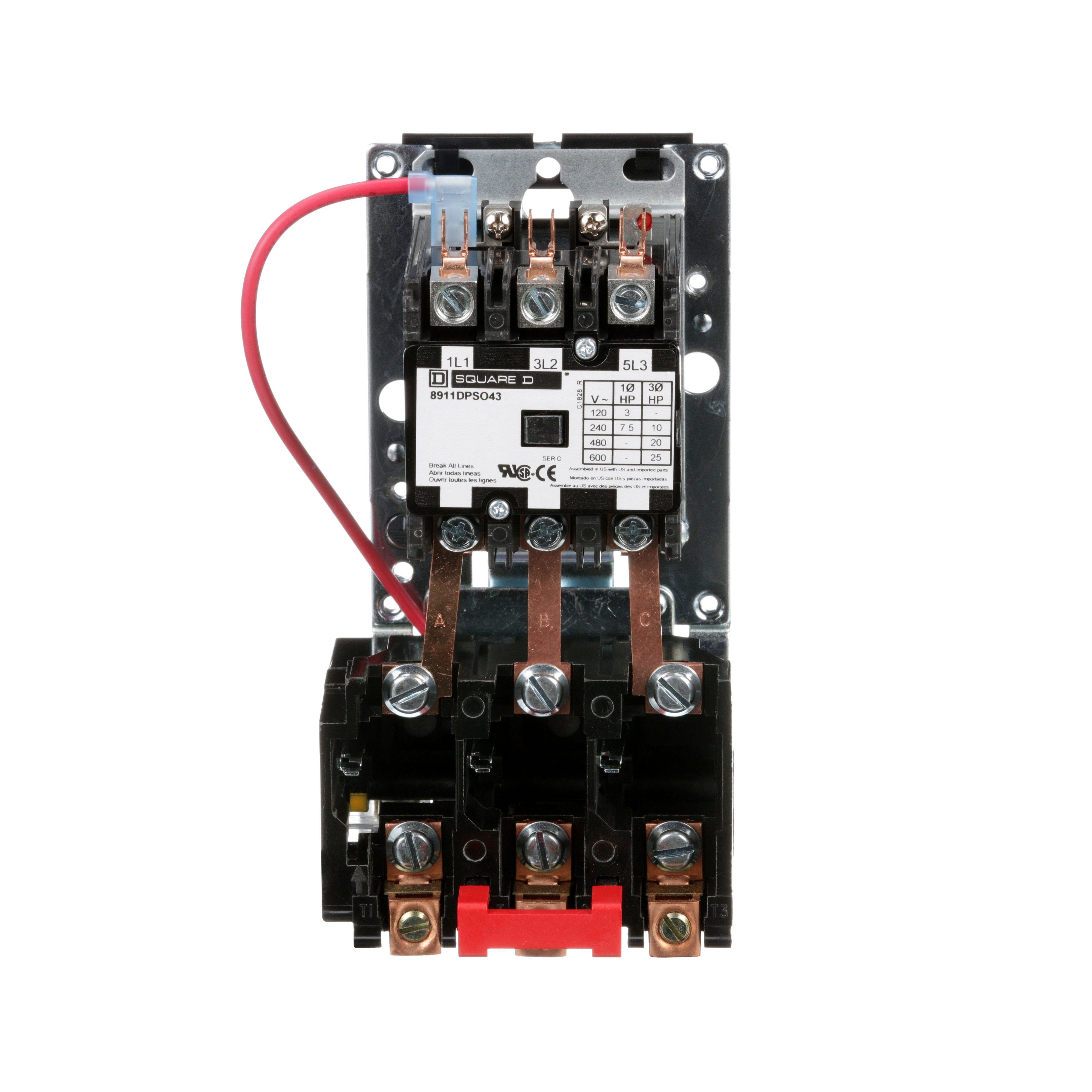 Picture of 8911DPSO43V09 - NEMA starter, Definite Purpose, 40A, 25HP at 600VAC, 3 phase, 3 pole, melting alloy, 208V to 240VAC coil, open