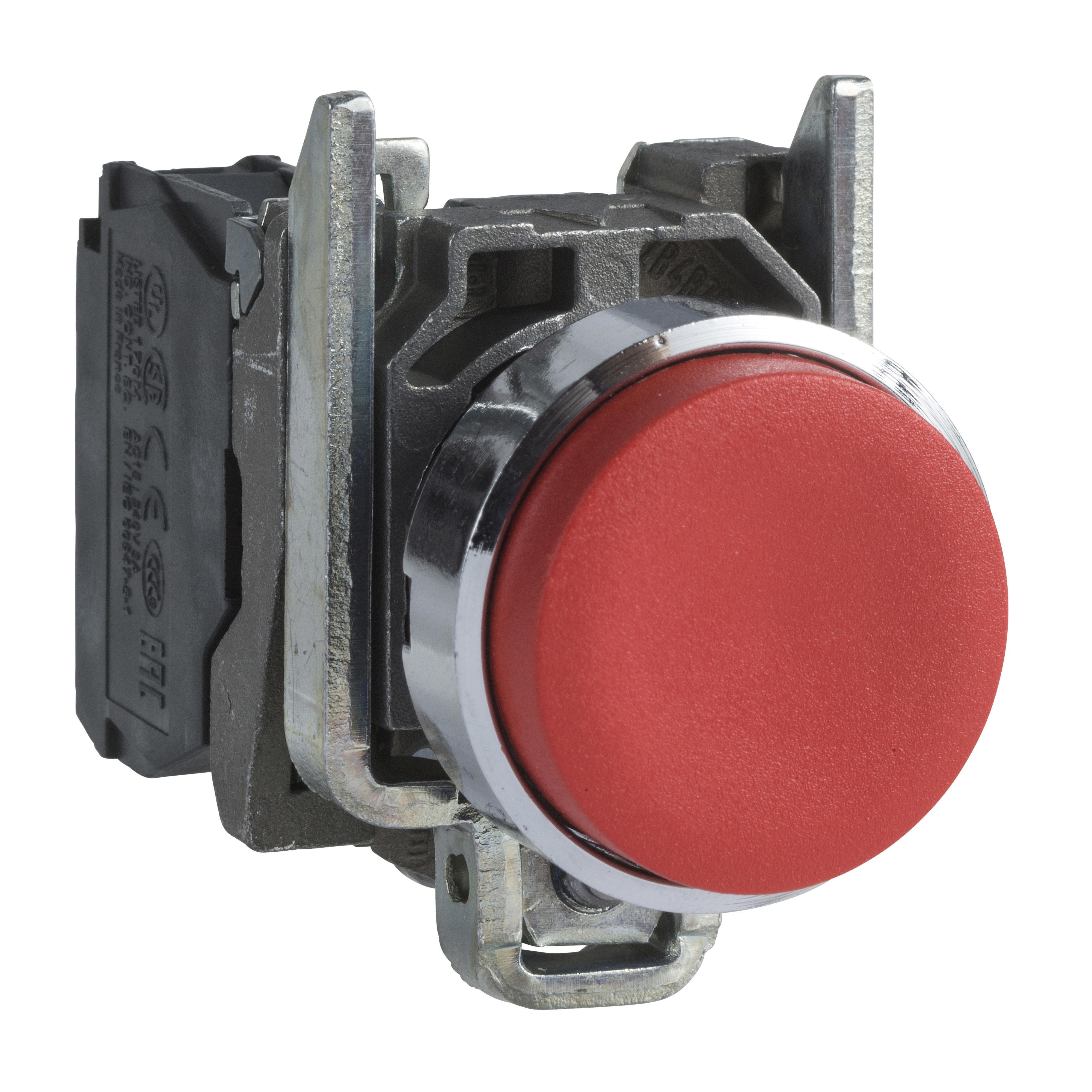 XB4BL42 - Push button, Harmony XB4, metal, projecting, red, 22mm, spring return, unmarked, 1NC