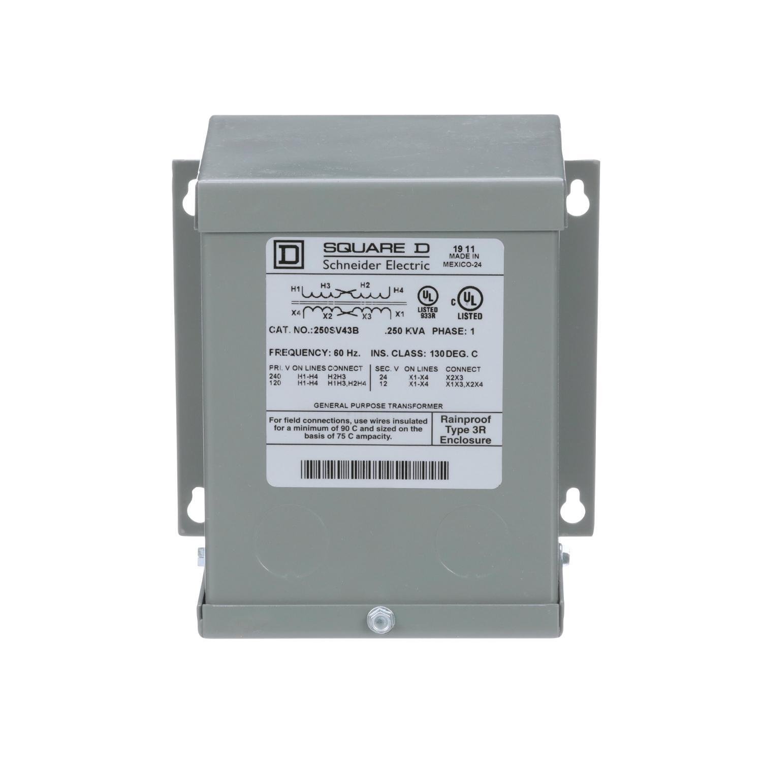 250SV43B - Transformer, buck boost, encapsulated, 0.25kVA, 1 phase, 120x240V primary, 12/24V secondary, NEMA 3R, 80C rise