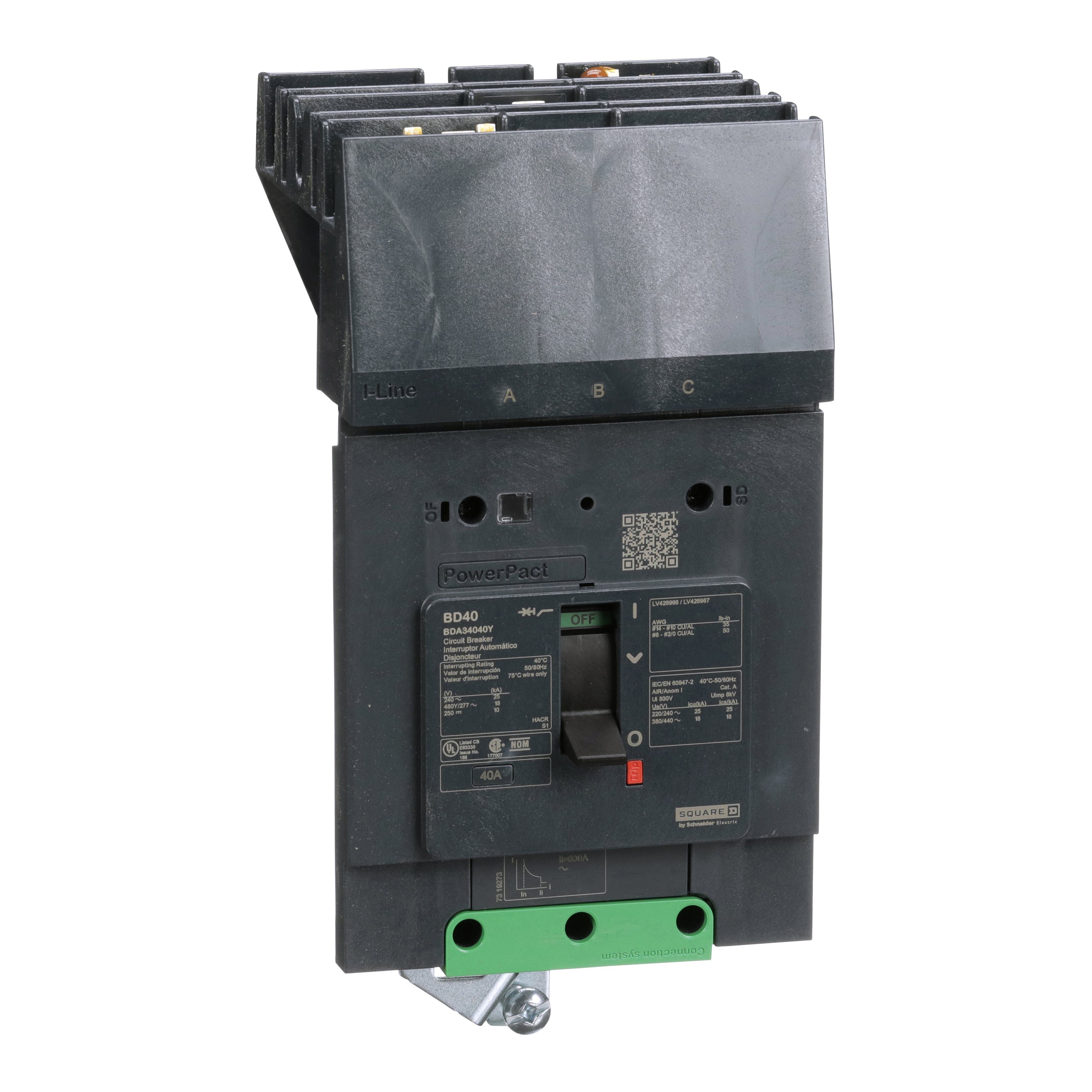 BDA34040Y - Circuit breaker, PowerPacT B, 40A, 3 pole, 480Y/277VAC, 18kA, I-Line, thermal magnetic, 80%, ABC