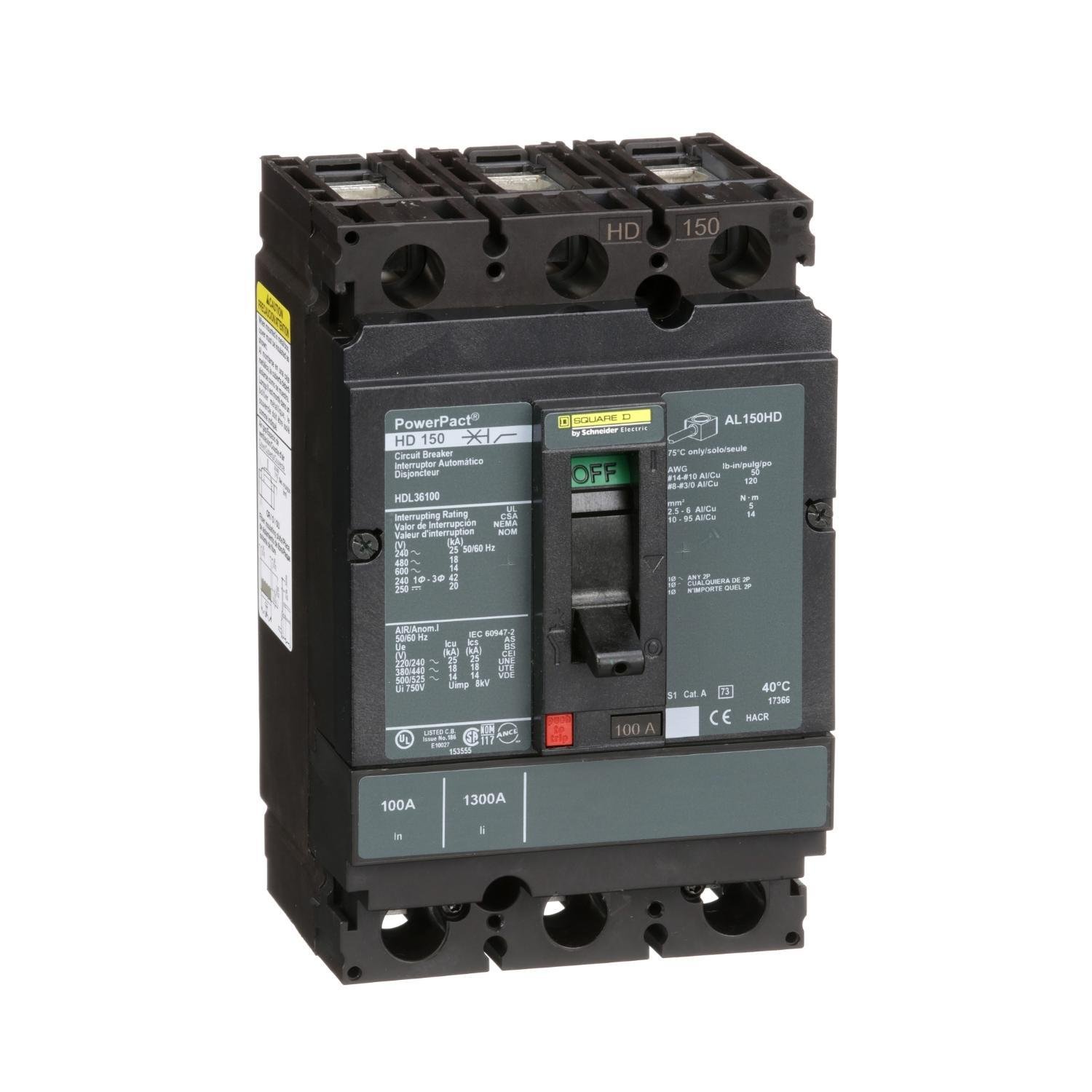 Picture of HDL36100 - Circuit breaker, PowerPacT H, 100A, 3 pole, 600VAC, 14kA, lugs, thermal magnetic, 80%