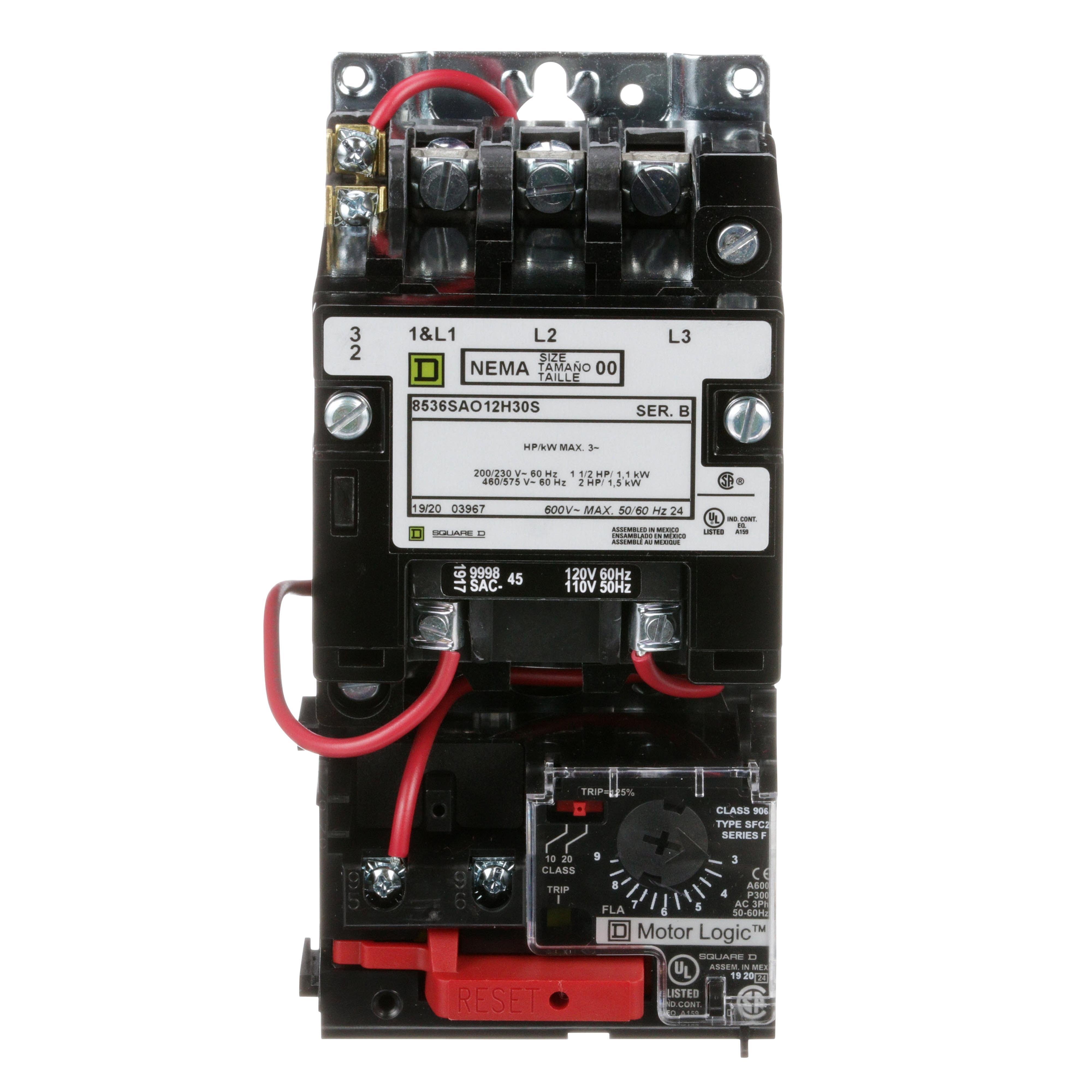 8536SAO12V02H30S - NEMA motor starter, Type S, nonreversing, Size 00, 9A, 2HP at 460VAC, up to 100kA SCCR, 3 phase, 3 pole, Motor Logic, 120VAC coil, open [TAA]