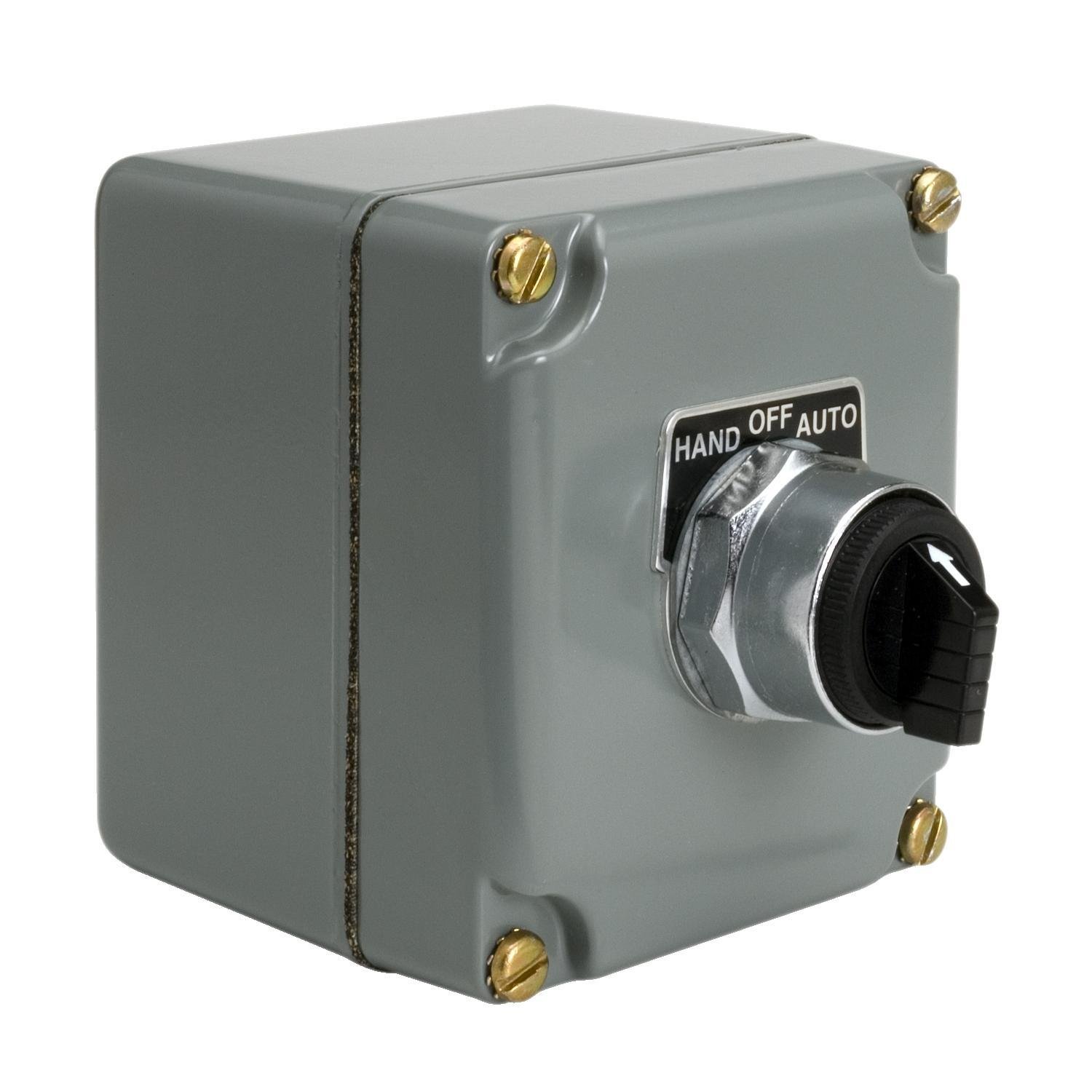 9001KYK111 - Complete control station, Harmony 9001K, 10A,  zinc, grey, 1 push button 1NO + 1NC HAND OFF AUTO, NEMA 3 4 13