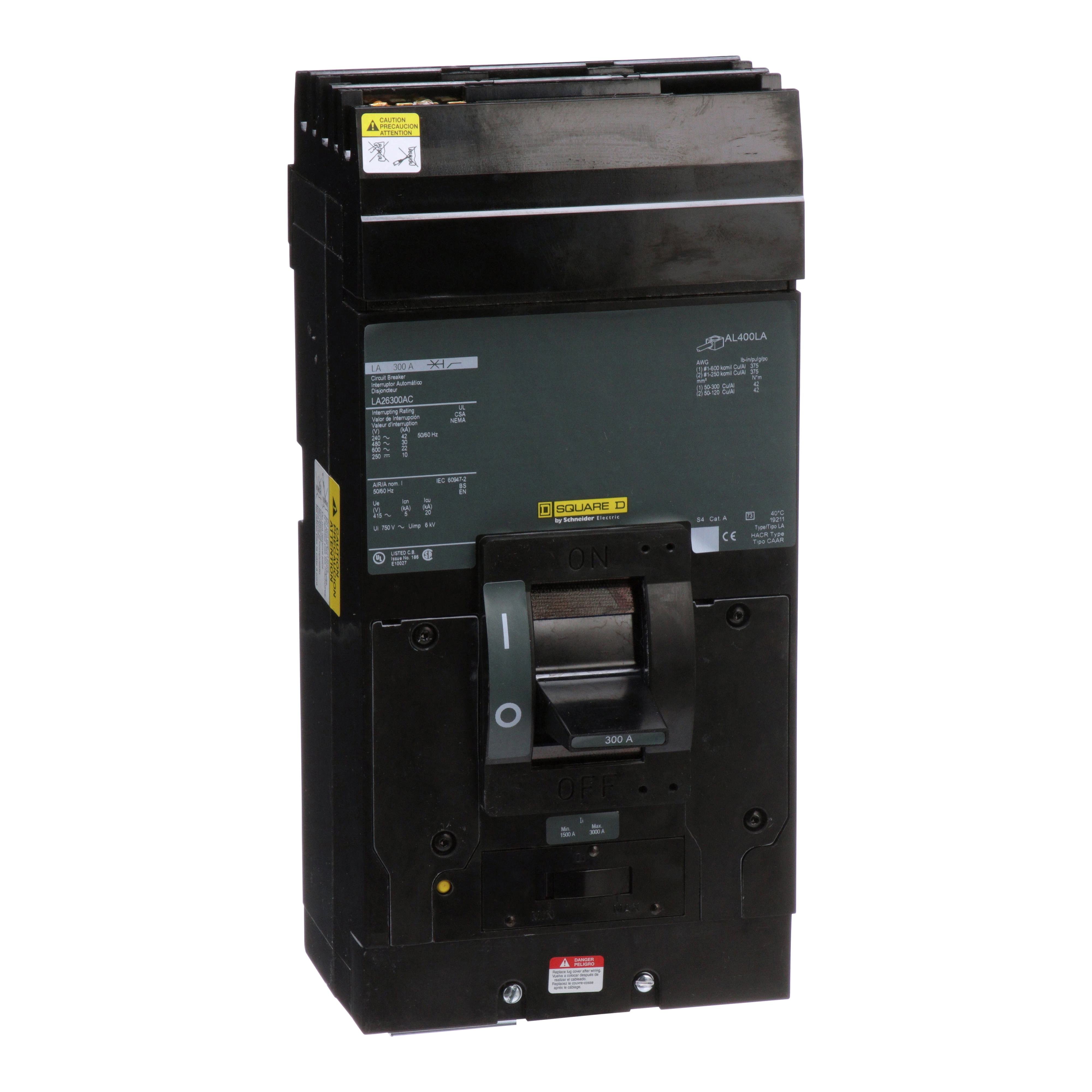 LHP36400MB - Circuit breaker, LH, 400A, 3 pole, 600VAC, 25kA, 250VDC, 50kA, lugs, thermal magnetic, short handle