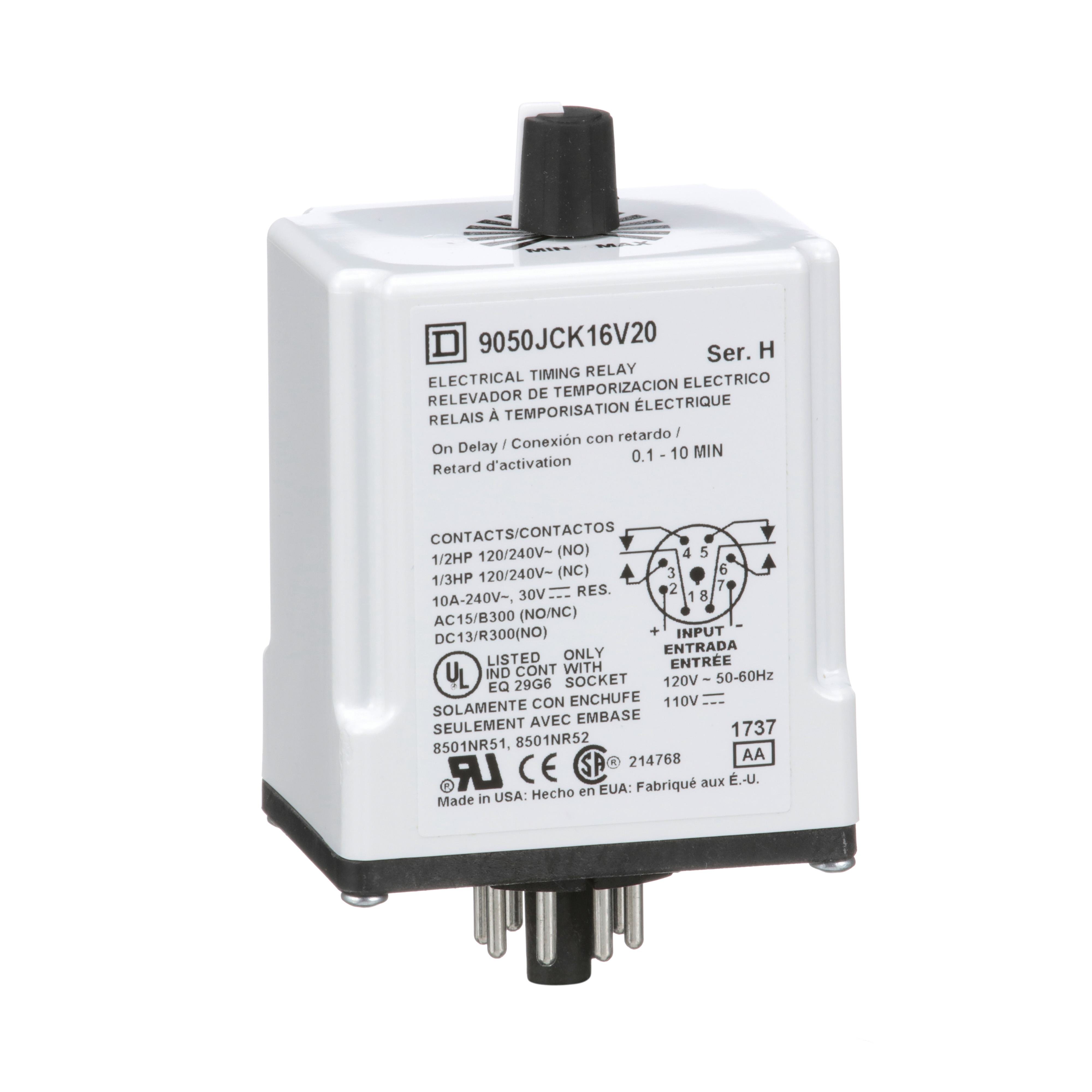 9050JCK16V20 - Timer, Harmony 9050 JCK, on delay, adjustable time, 0.1 to 10 minutes, 10A, 240V AC, 120V AC/110V DC